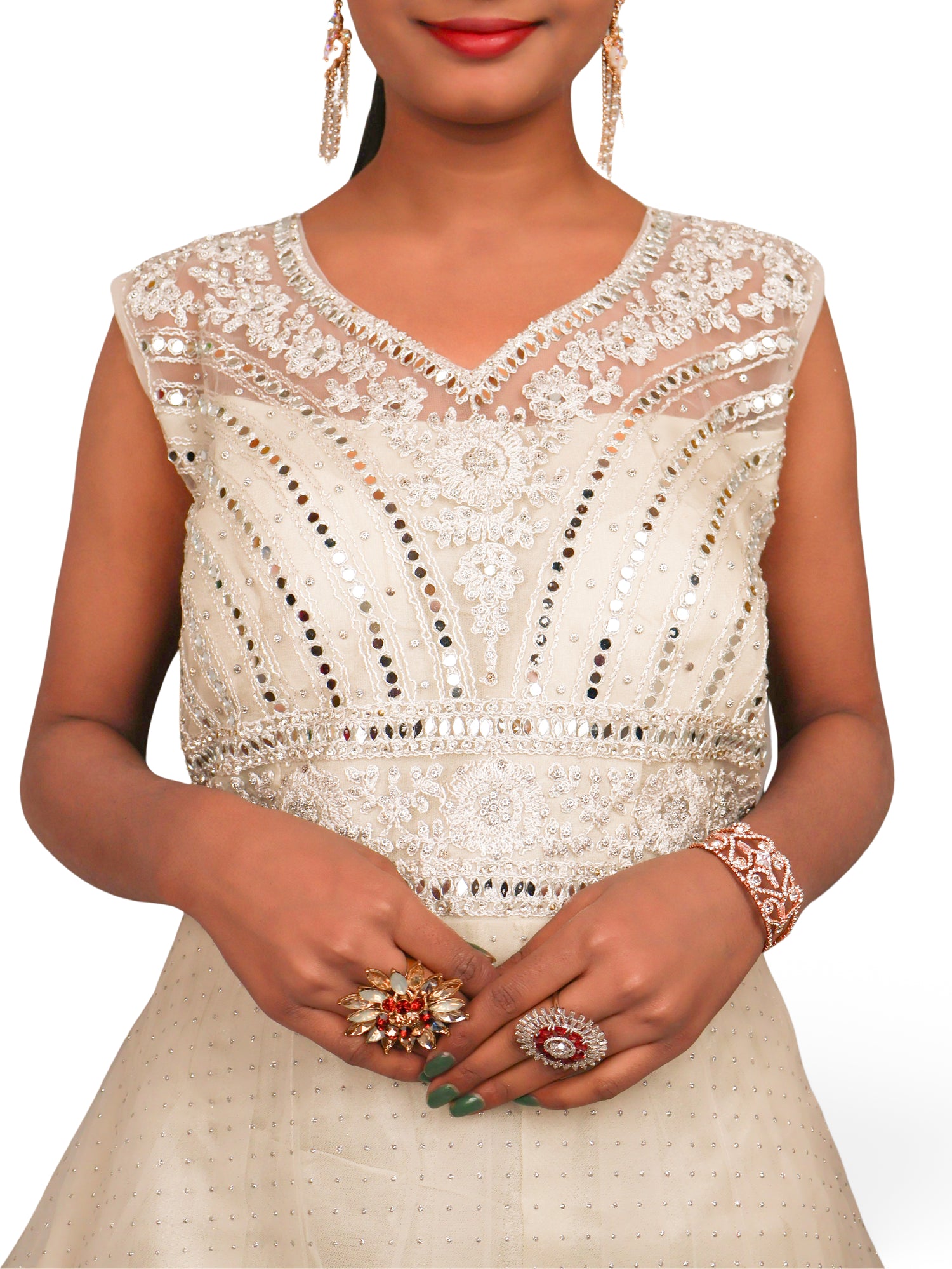 Gown with Embroidery & Glitter Work by Shreekama Off White Designer Gowns for Party Festival Wedding Occasion in Noida
