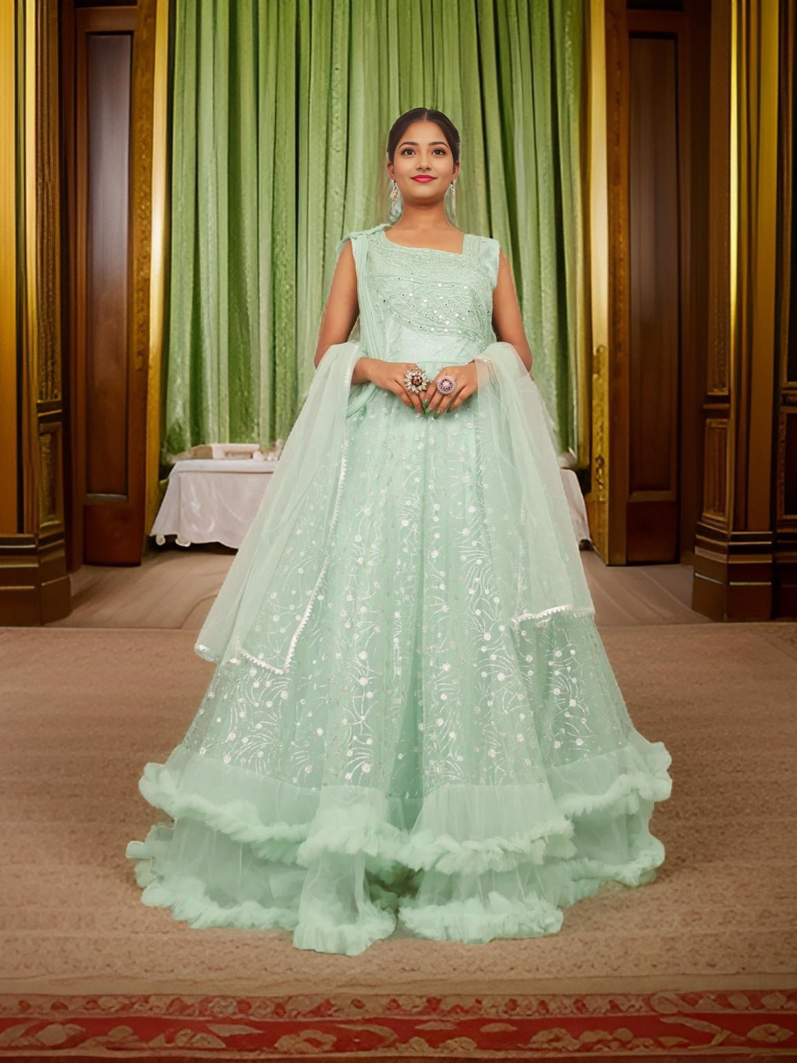 Gown with Mirror & Cut Dana Work by Shreekama Pista Green Designer Gowns for Party Festival Wedding Occasion in Noida