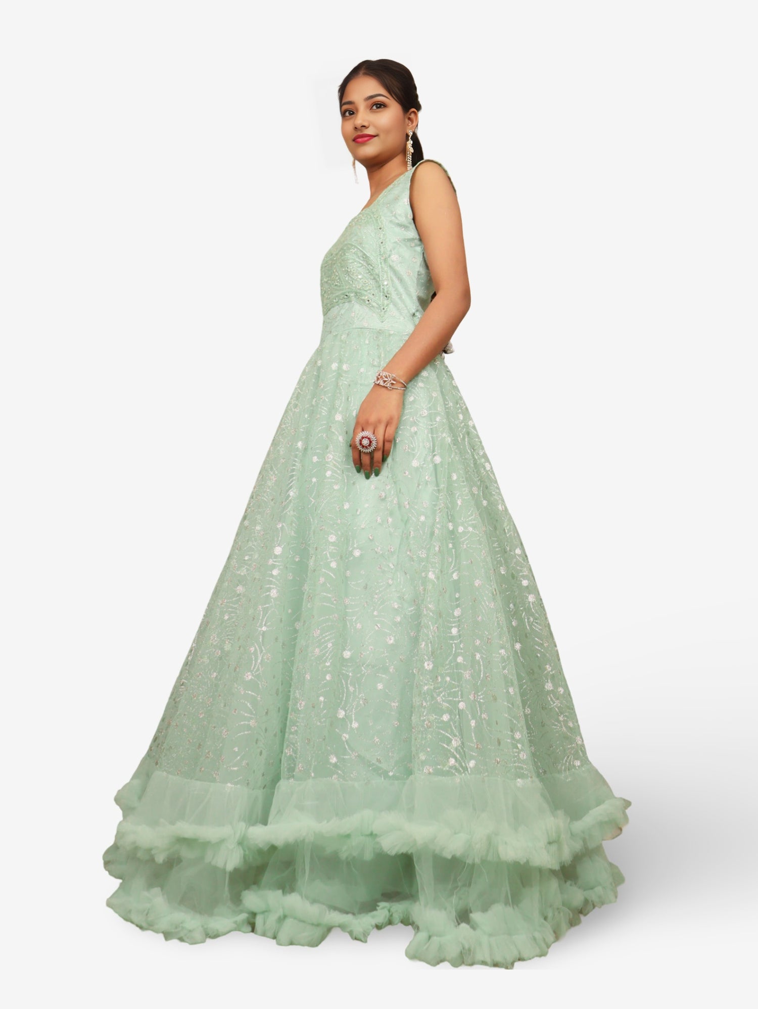 Gown with Mirror & Cut Dana Work by Shreekama Pista Green Designer Gowns for Party Festival Wedding Occasion in Noida