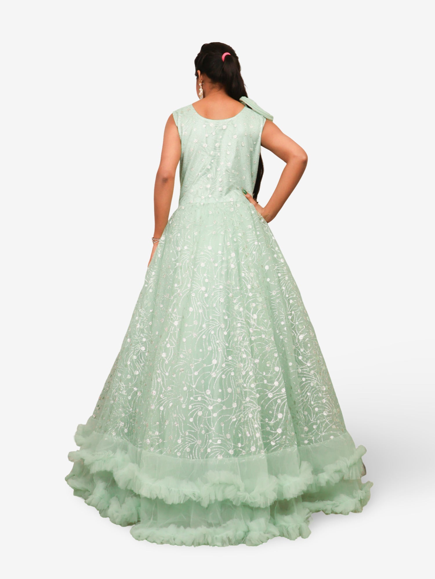 Gown with Mirror & Cut Dana Work by Shreekama Pista Green Designer Gowns for Party Festival Wedding Occasion in Noida