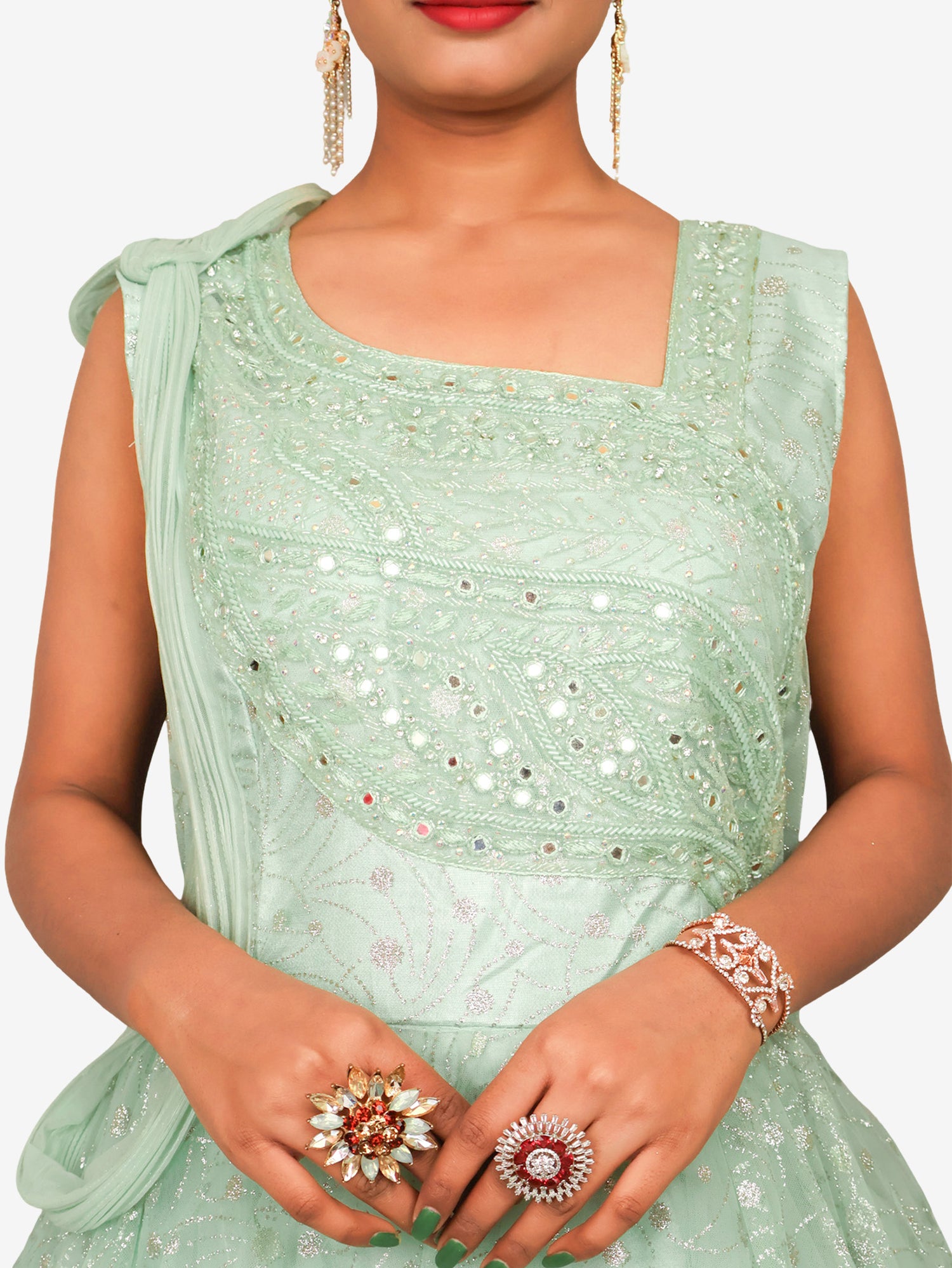 Gown with Mirror & Cut Dana Work by Shreekama Pista Green Designer Gowns for Party Festival Wedding Occasion in Noida