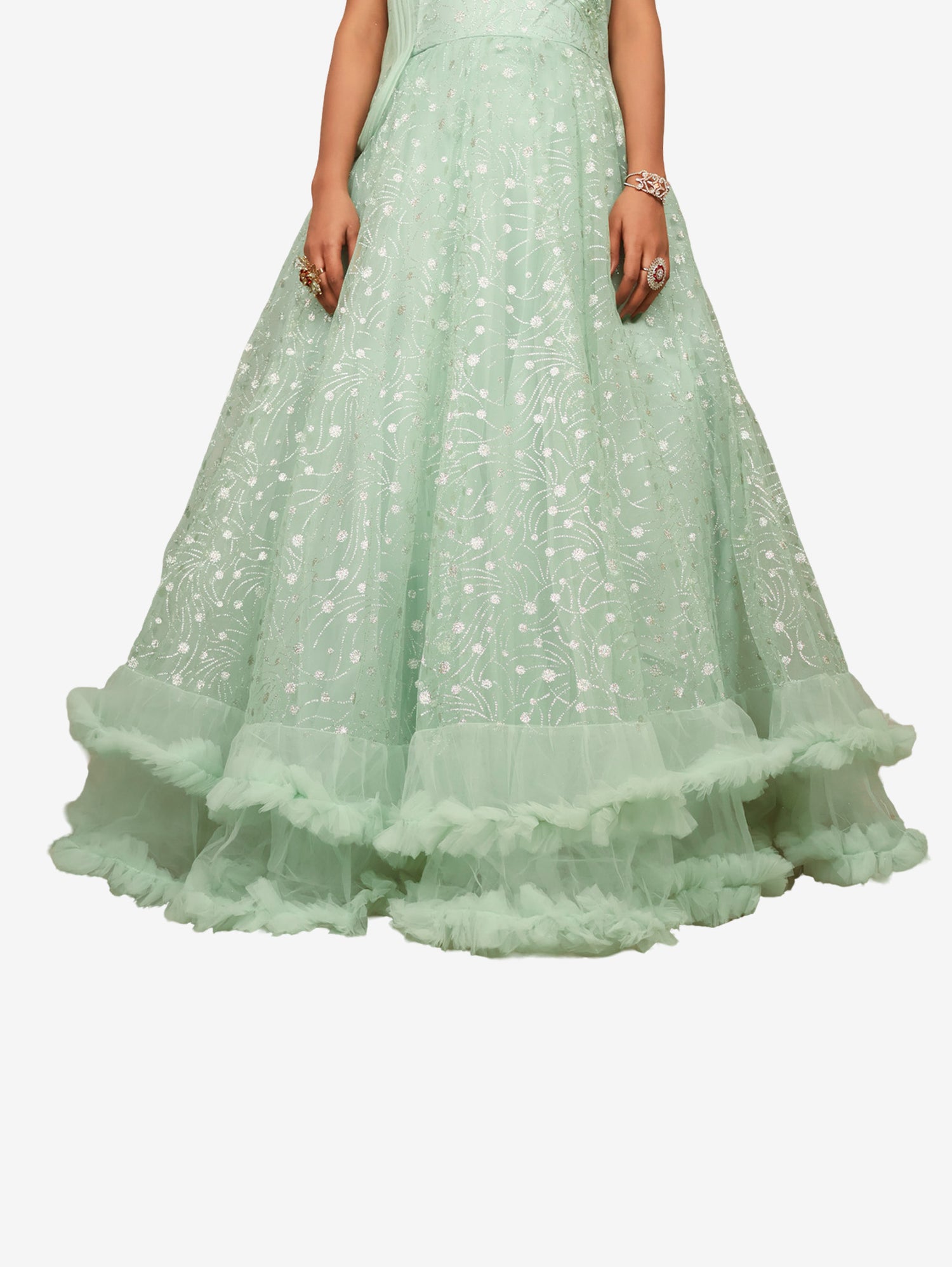 Gown with Mirror & Cut Dana Work by Shreekama Pista Green Designer Gowns for Party Festival Wedding Occasion in Noida