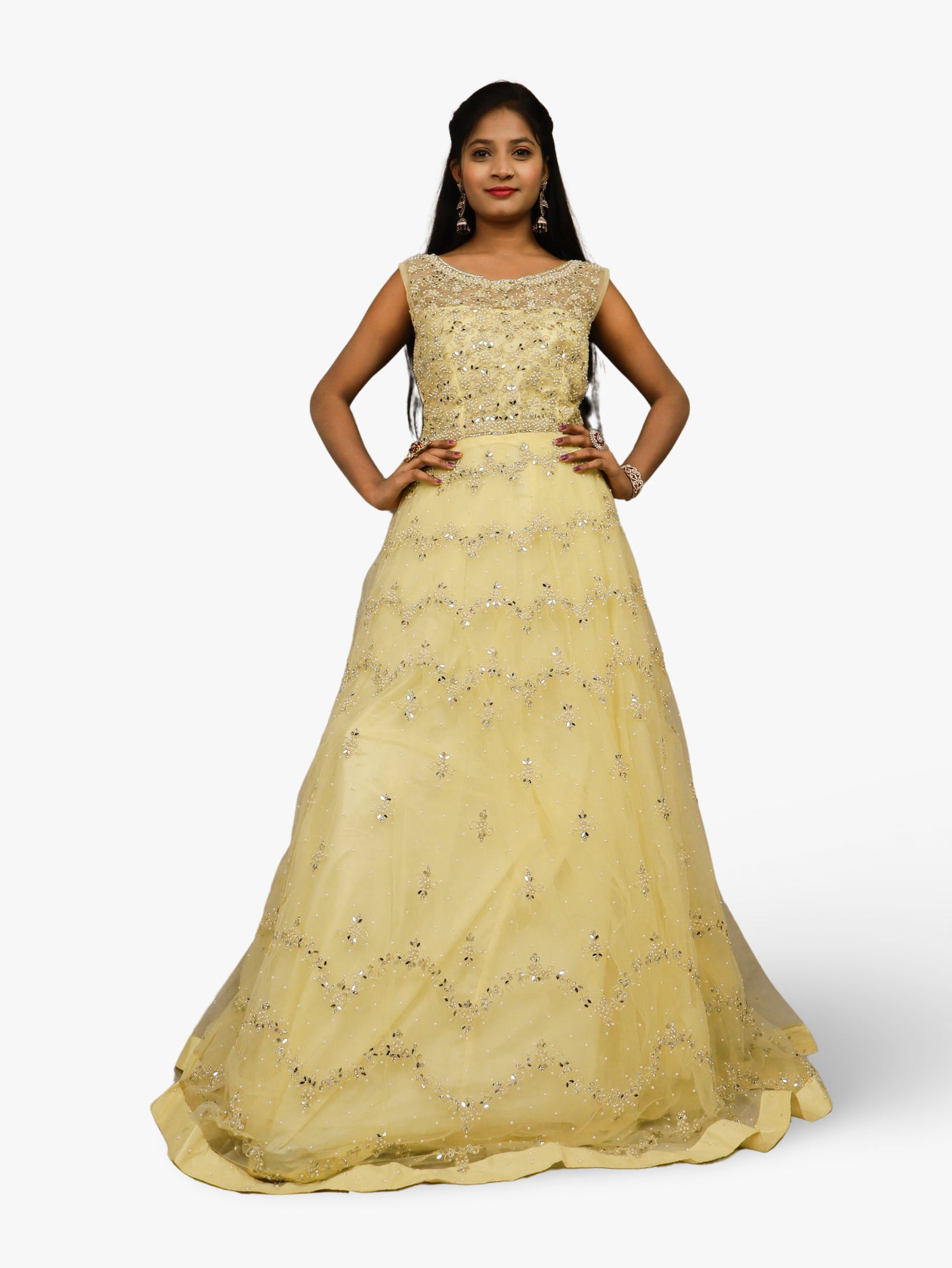 Gown with Pearls & Sequin by Shreekama Lemon Yellow Designer Gowns for Party Festival Wedding Occasion in Noida