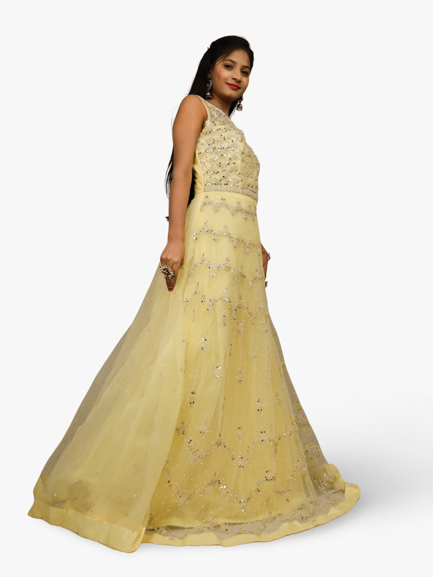 Gown with Pearls & Sequin by Shreekama Lemon Yellow Designer Gowns for Party Festival Wedding Occasion in Noida