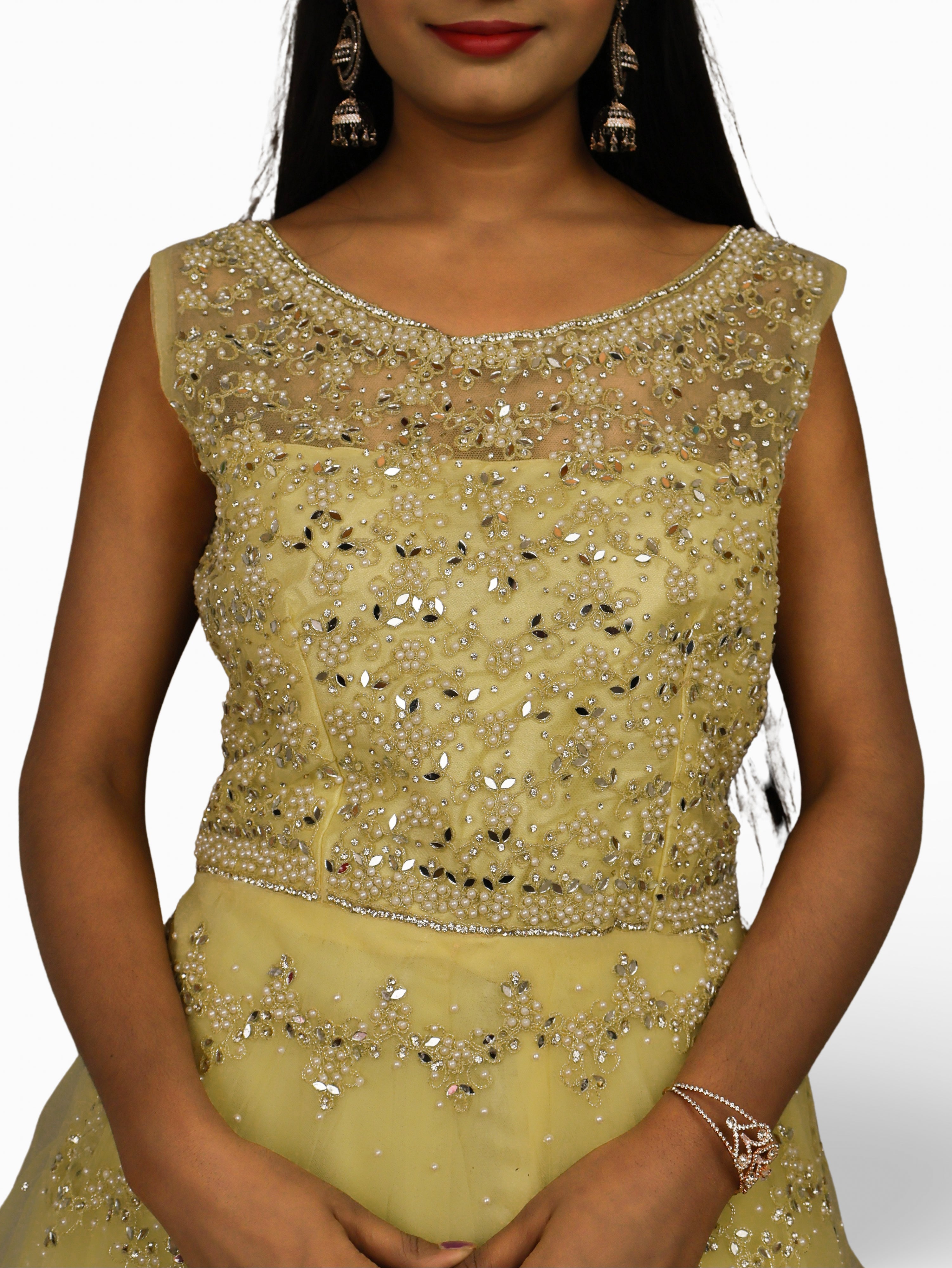 Gown with Pearls & Sequin by Shreekama Lemon Yellow Designer Gowns for Party Festival Wedding Occasion in Noida