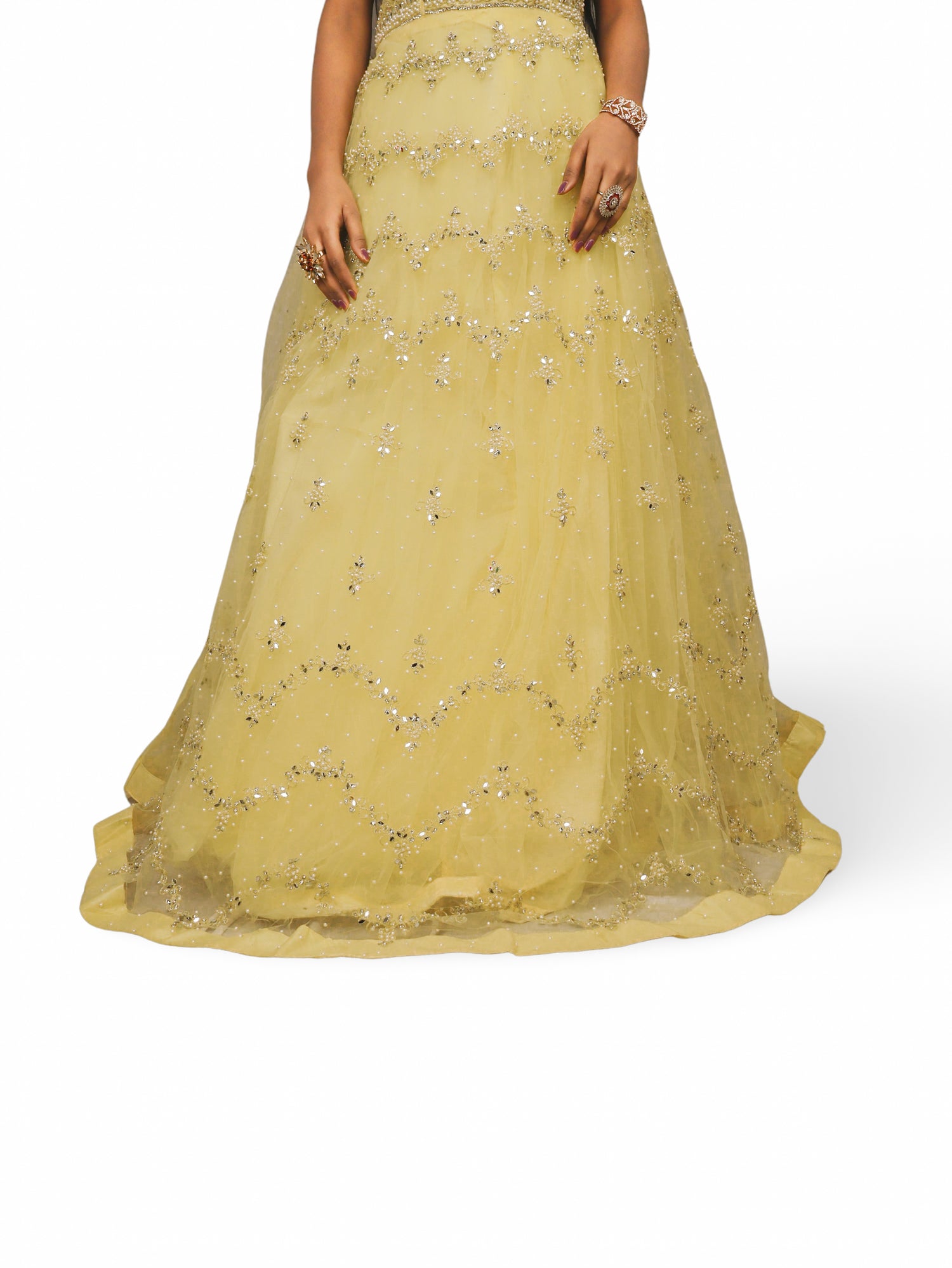 Gown with Pearls & Sequin by Shreekama Lemon Yellow Designer Gowns for Party Festival Wedding Occasion in Noida