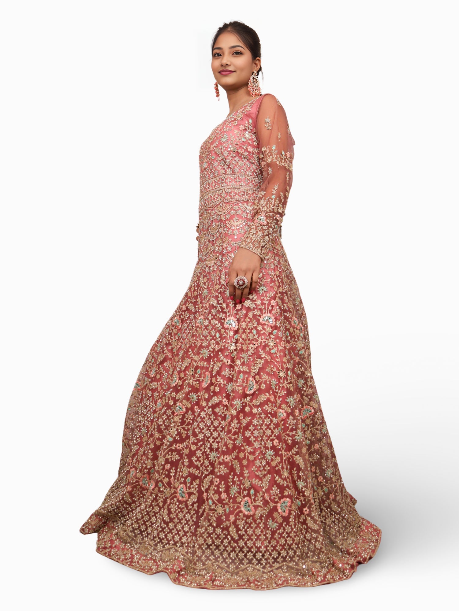 Gown with Stone Work & Embroidery by Shreekama Onion Designer Gowns for Party Festival Wedding Occasion in Noida