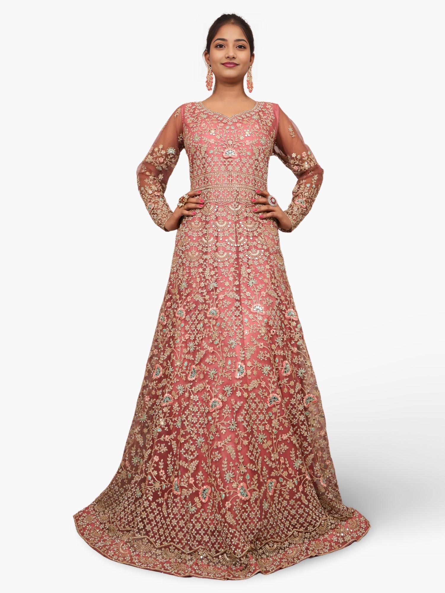 Gown with Stone Work & Embroidery by Shreekama Onion Designer Gowns for Party Festival Wedding Occasion in Noida