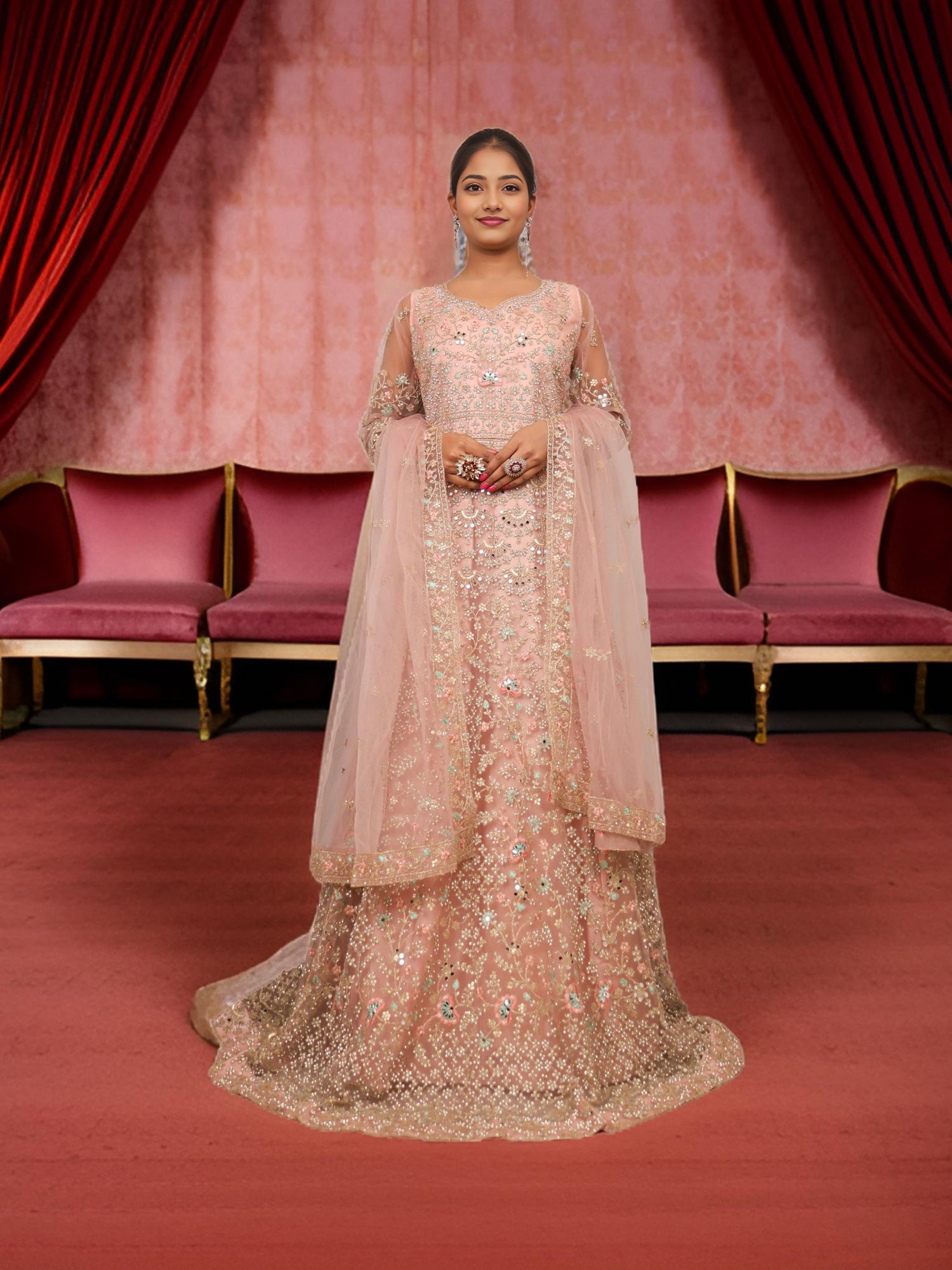 Gown with Stone Work & Embroidery by Shreekama Baby Pink Designer Gowns for Party Festival Wedding Occasion in Noida