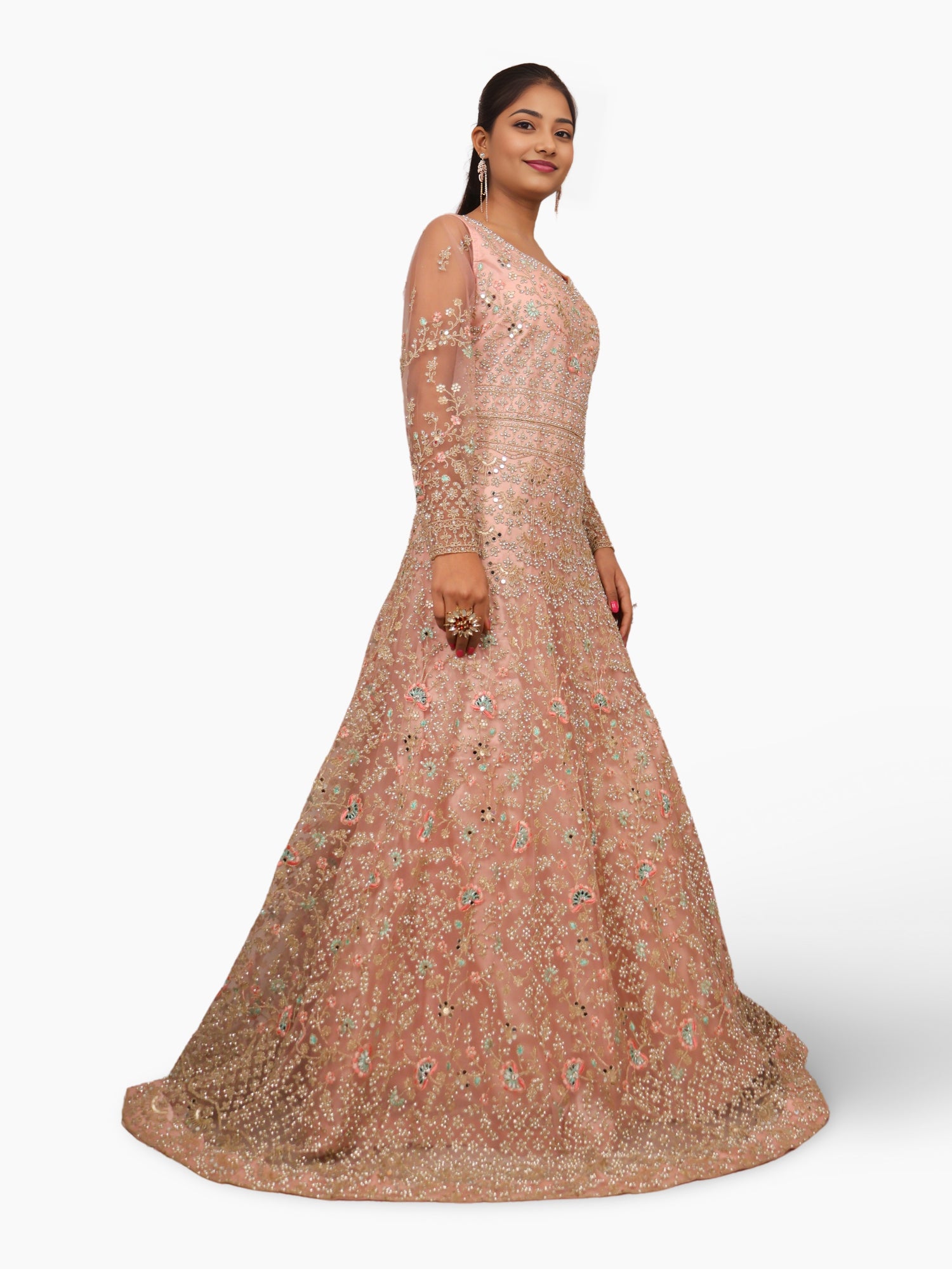 Gown with Stone Work & Embroidery by Shreekama Baby Pink Designer Gowns for Party Festival Wedding Occasion in Noida