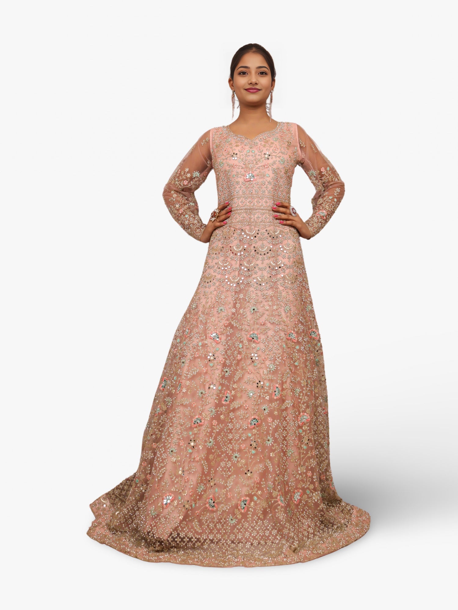 Gown with Stone Work & Embroidery by Shreekama Baby Pink Designer Gowns for Party Festival Wedding Occasion in Noida