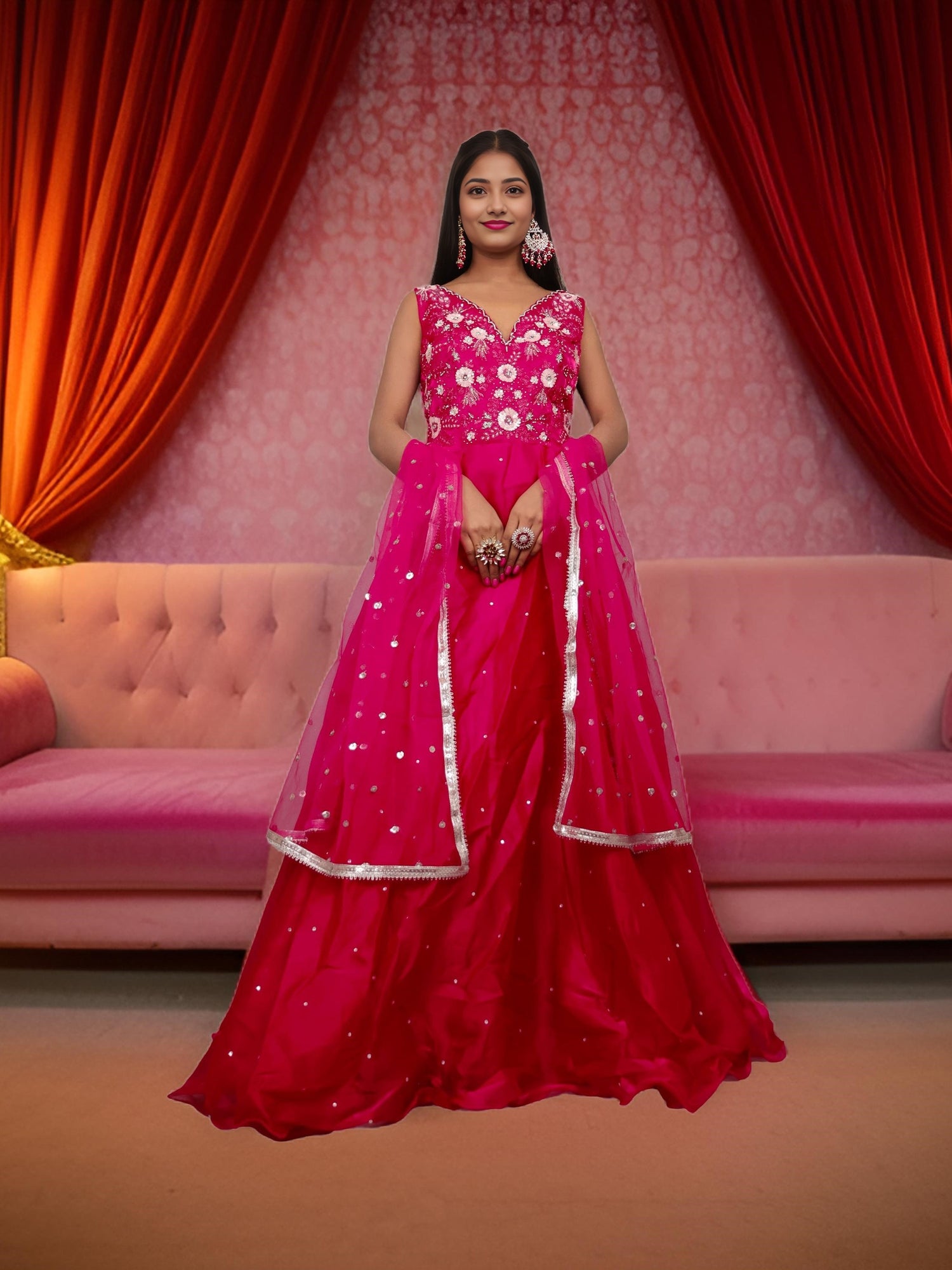 Gown with Sequin & Cut Dana Work by Shreekama Magenta Designer Gowns for Party Festival Wedding Occasion in Noida