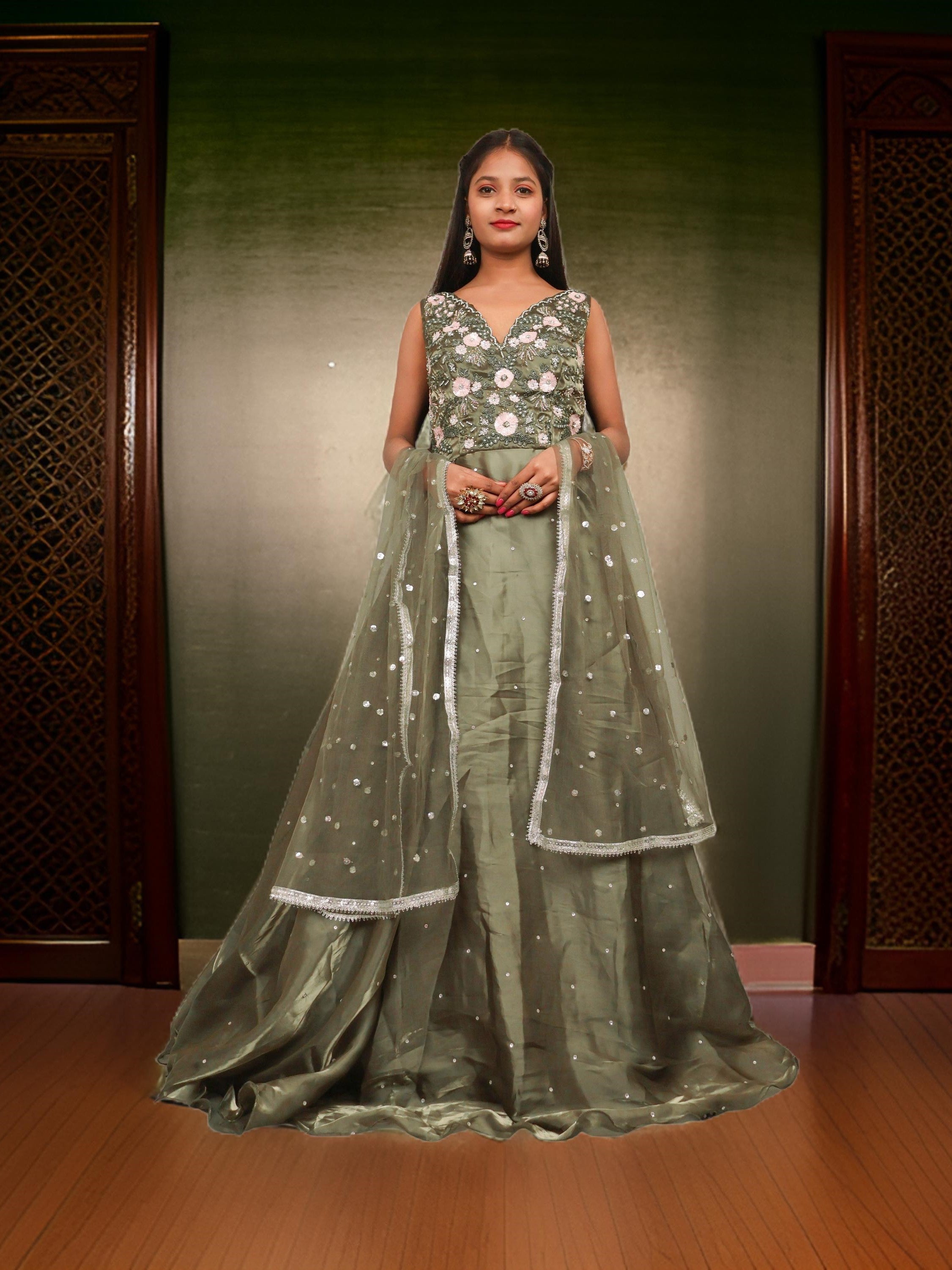 Gown with Sequin & Cut Dana Work by Shreekama Mehandi Designer Gowns for Party Festival Wedding Occasion in Noida