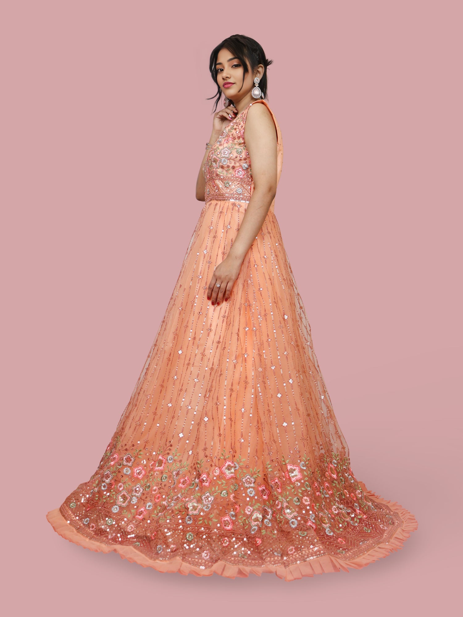 Peach Gown with Embroidery & Sequin Work by Shreekama Peach Designer Gowns for Party Festival Wedding Occasion in Noida