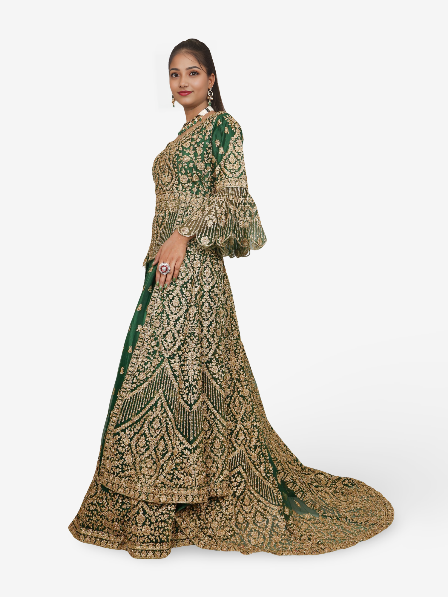 Lehenga Choli Set with Attached Shrug & Zari Thread Work by Shreekama Royal Green Designer Lehenga for Party Festival Wedding Occasion in Noida