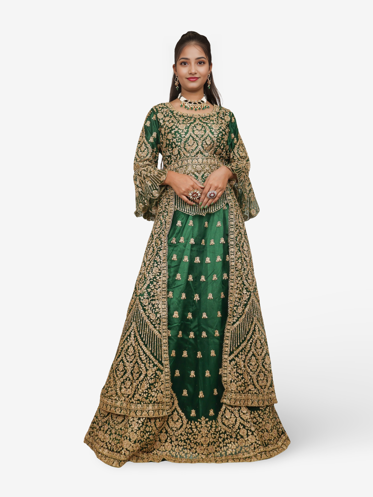 Lehenga Choli Set with Attached Shrug & Zari Thread Work by Shreekama Royal Green Designer Lehenga for Party Festival Wedding Occasion in Noida