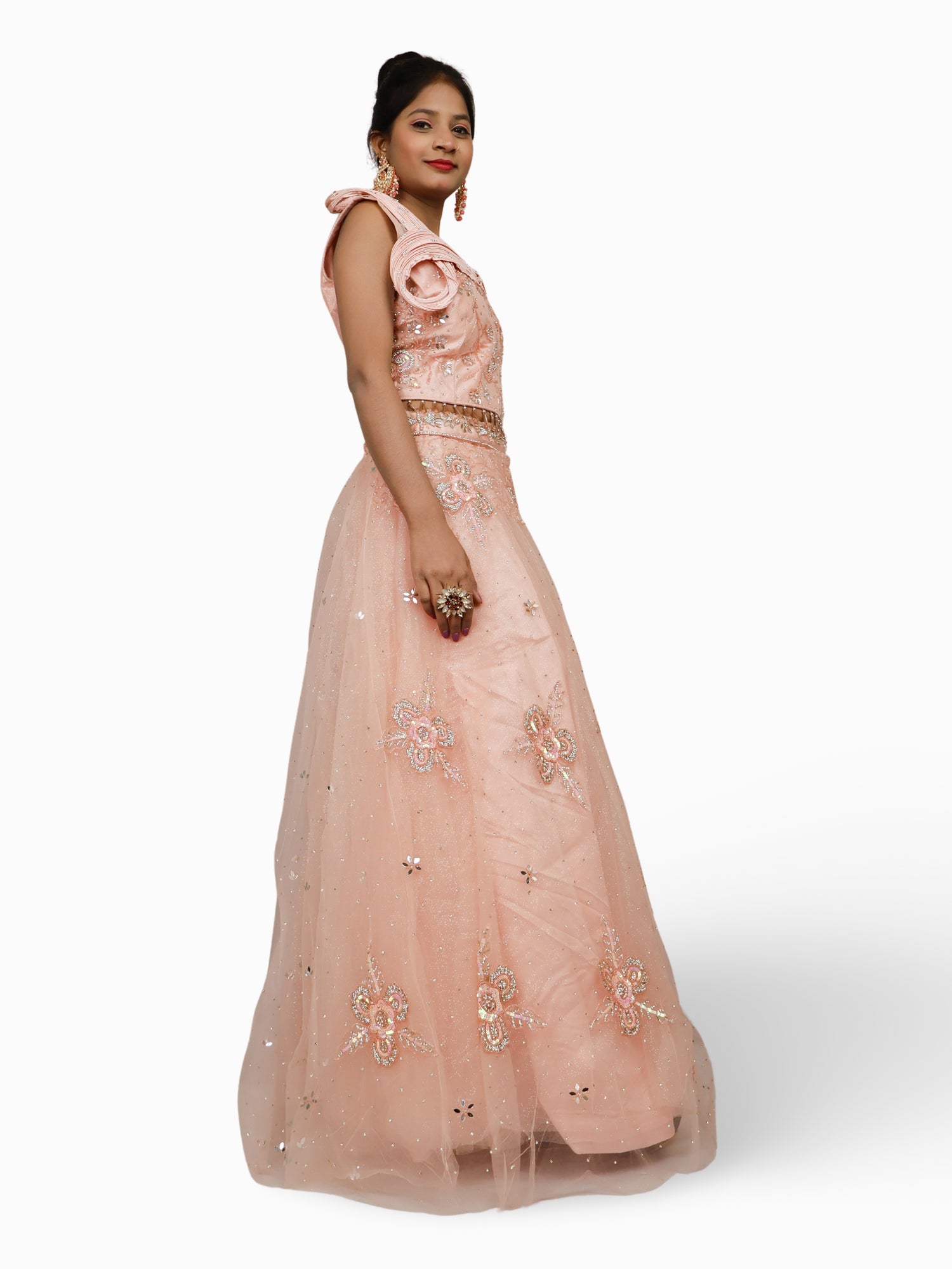 Lehenga Choli Set with Mirror Stones & Sequin by Shreekama Peach Designer Lehenga for Party Festival Wedding Occasion in Noida