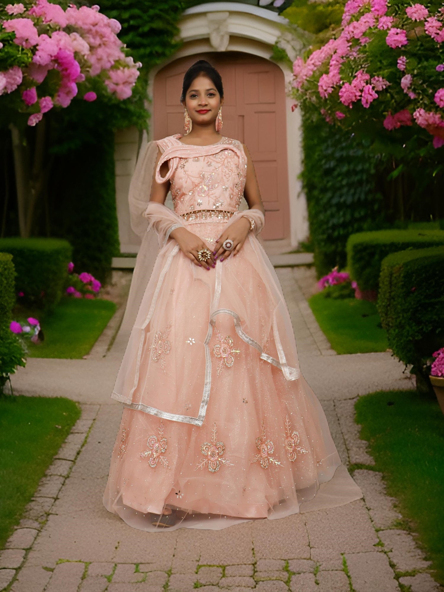 Lehenga Choli Set with Mirror Stones & Sequin by Shreekama Peach Designer Lehenga for Party Festival Wedding Occasion in Noida
