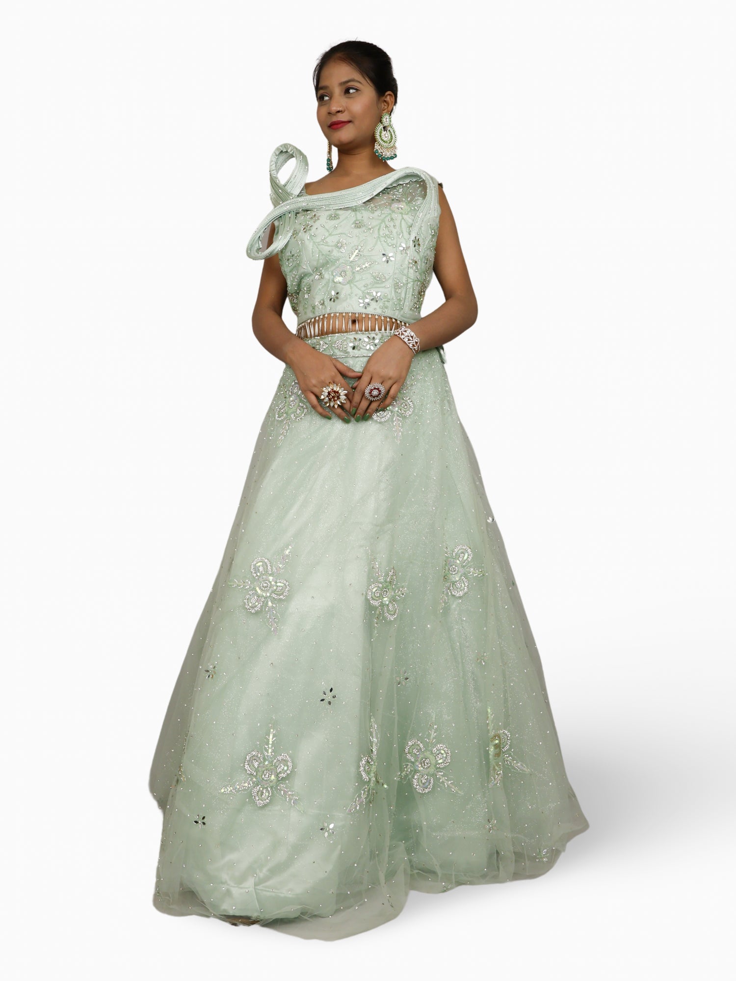 Lehenga Choli Set with Mirror Stones & Sequin by Shreekama Mint Green Designer Lehenga for Party Festival Wedding Occasion in Noida
