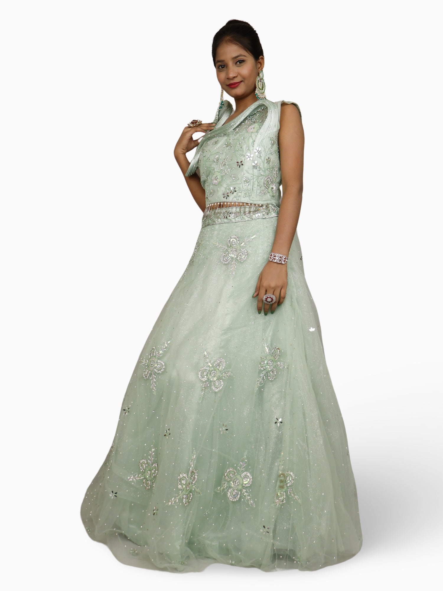 Lehenga Choli Set with Mirror Stones & Sequin by Shreekama Mint Green Designer Lehenga for Party Festival Wedding Occasion in Noida