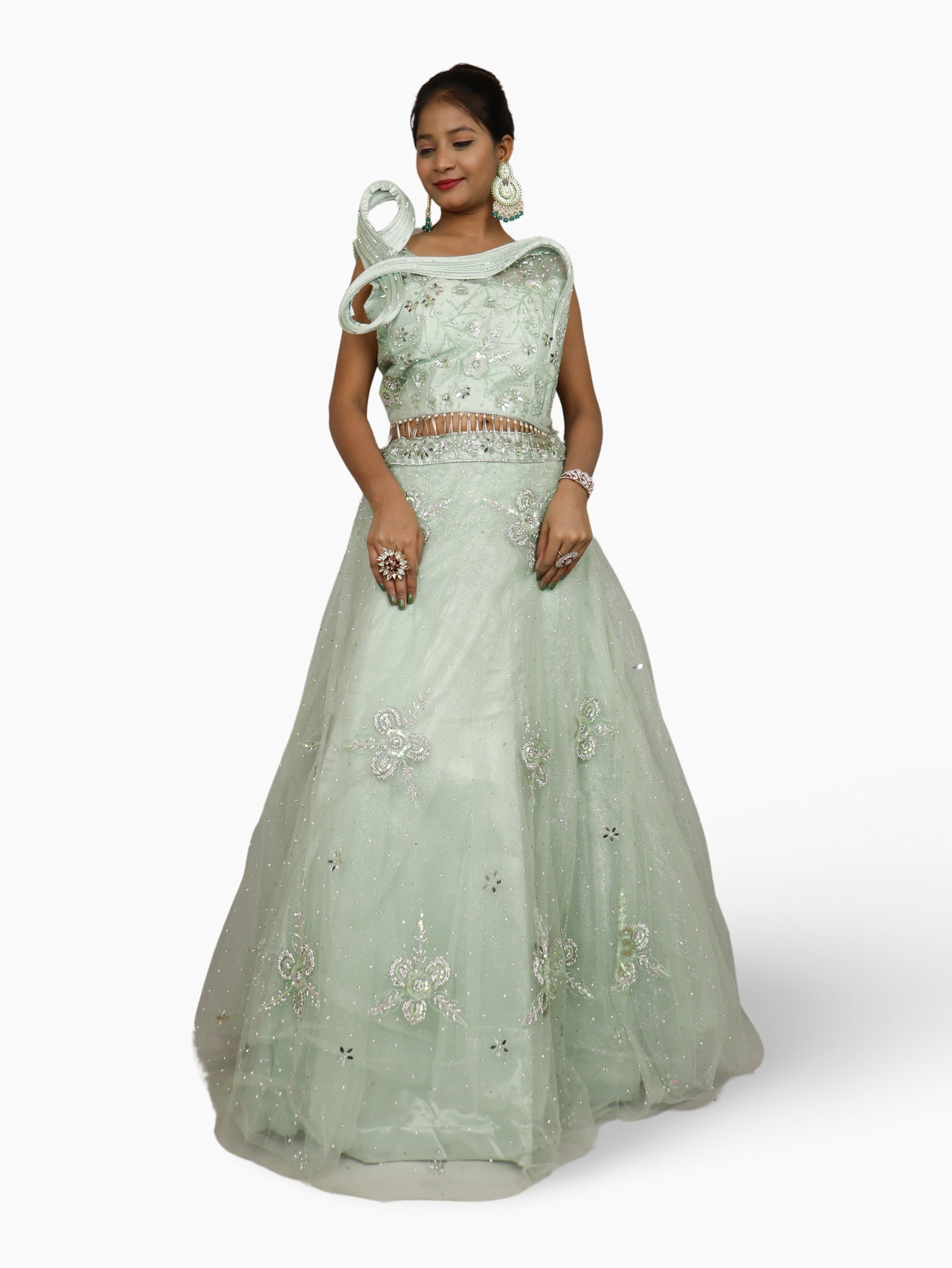 Lehenga Choli Set with Mirror Stones & Sequin by Shreekama Mint Green Designer Lehenga for Party Festival Wedding Occasion in Noida