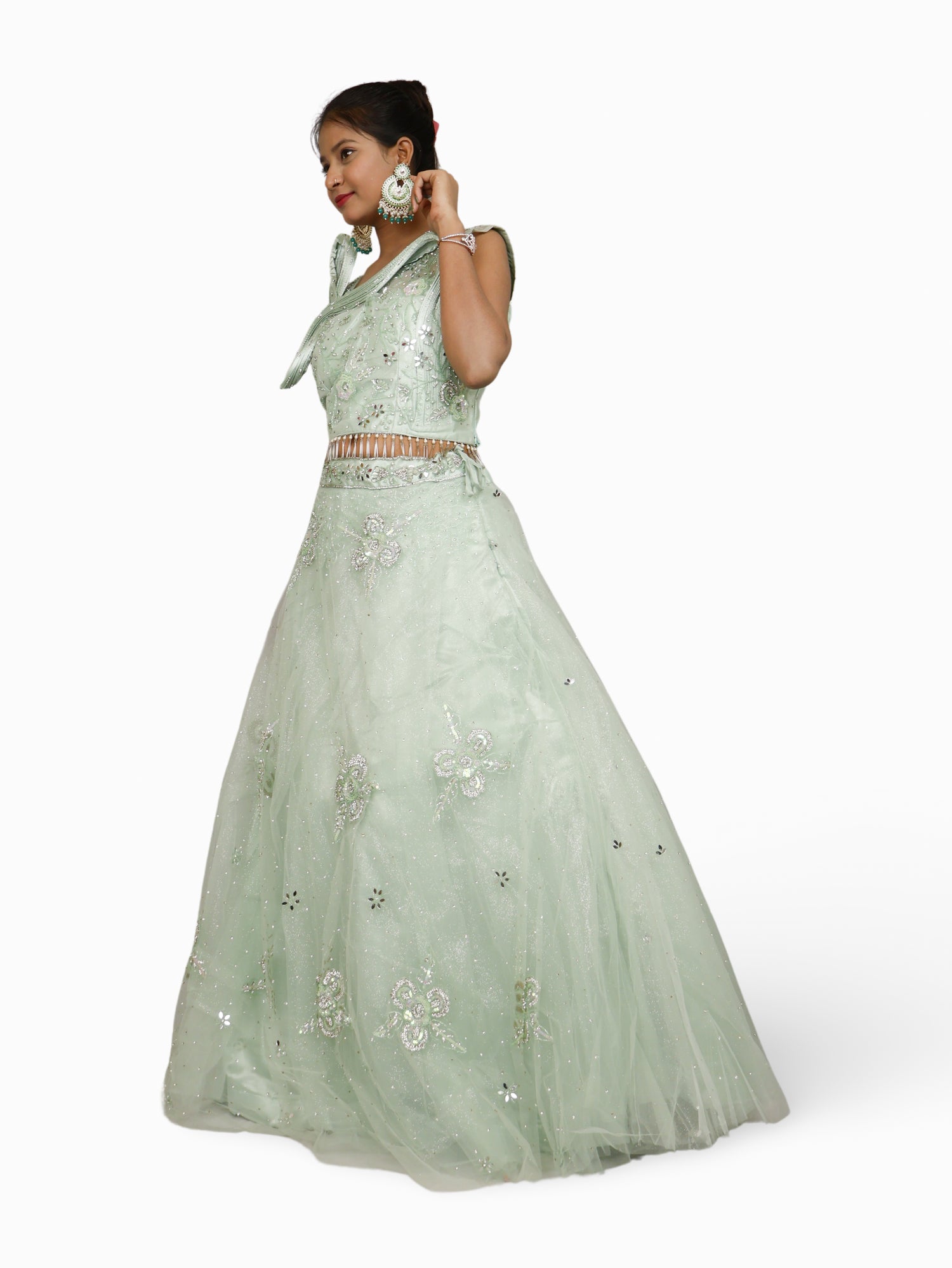 Lehenga Choli Set with Mirror Stones & Sequin by Shreekama Mint Green Designer Lehenga for Party Festival Wedding Occasion in Noida