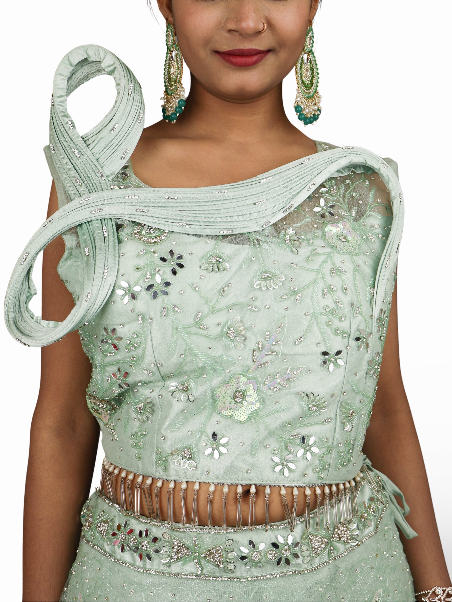 Lehenga Choli Set with Mirror Stones & Sequin by Shreekama Mint Green Designer Lehenga for Party Festival Wedding Occasion in Noida