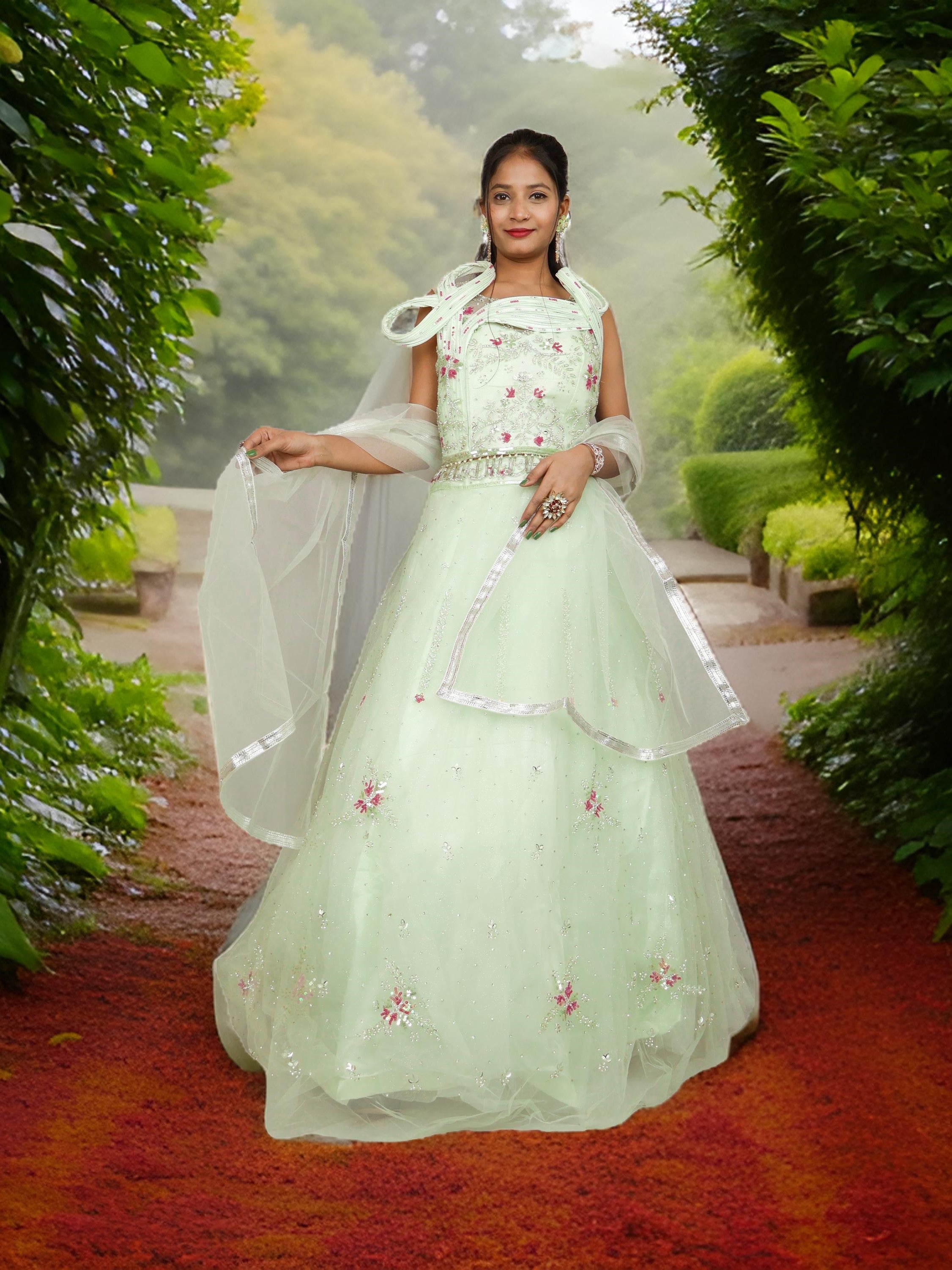 Pista Green Lehenga Choli Set with Stone & Sequin by Shreekama Pista Green Designer Lehenga for Party Festival Wedding Occasion in Noida