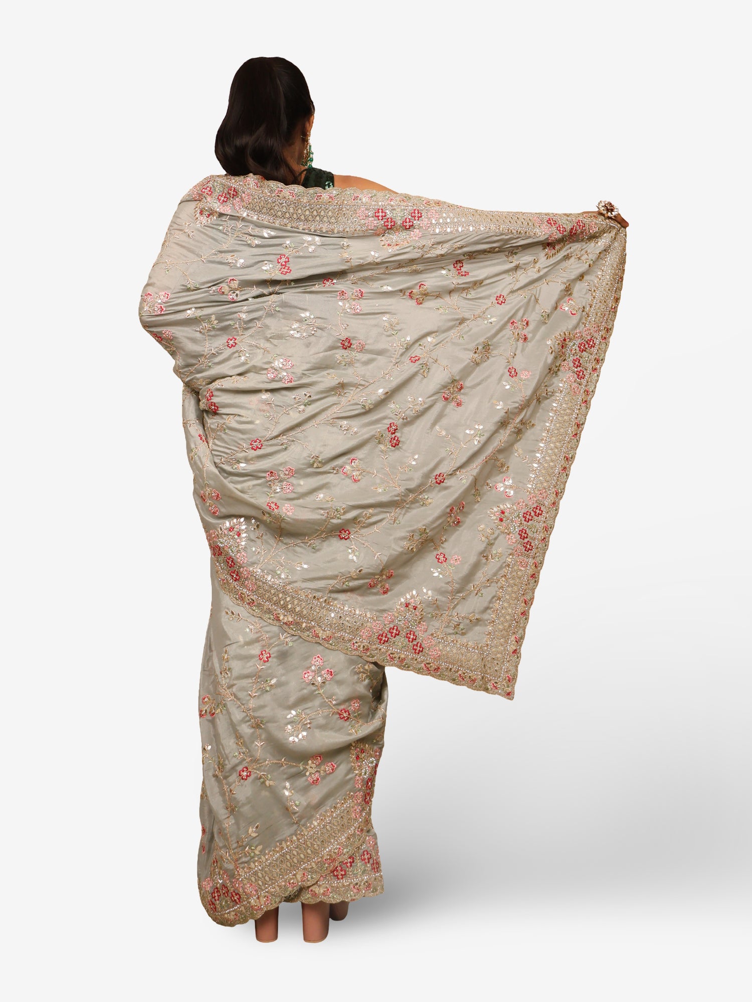 Designer Saree with Stone & Embroidery Work by Shreekama Grey Designer Sarees for Party Festival Wedding Occasion in Noida