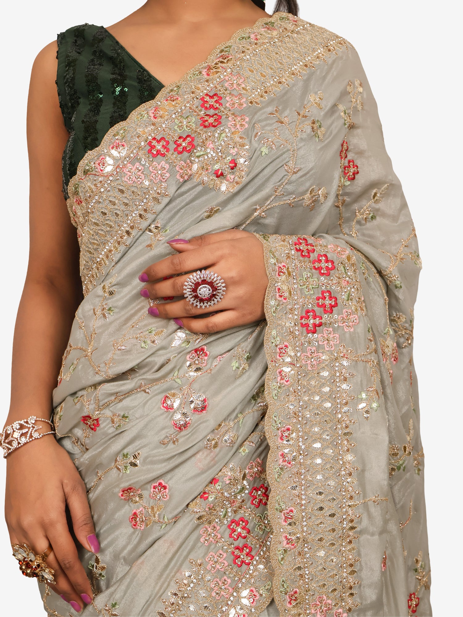 Designer Saree with Stone & Embroidery Work by Shreekama Grey Designer Sarees for Party Festival Wedding Occasion in Noida