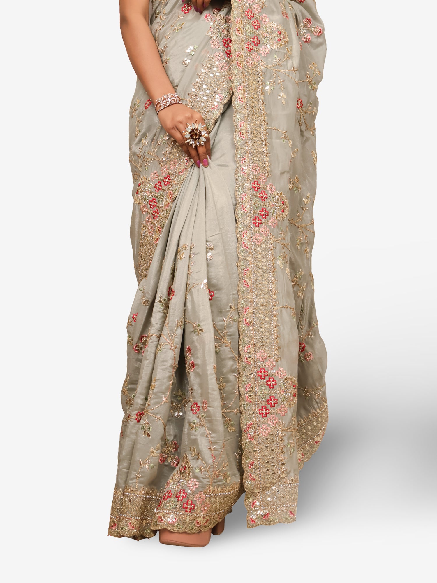 Designer Saree with Stone & Embroidery Work by Shreekama Grey Designer Sarees for Party Festival Wedding Occasion in Noida