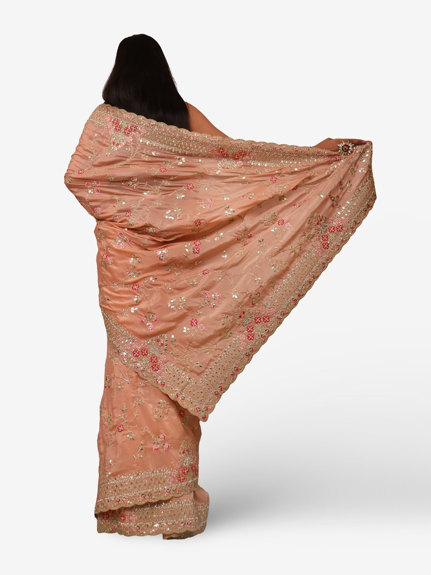 Designer Saree with Stone & Embroidery Work by Shreekama Peach Designer Sarees for Party Festival Wedding Occasion in Noida