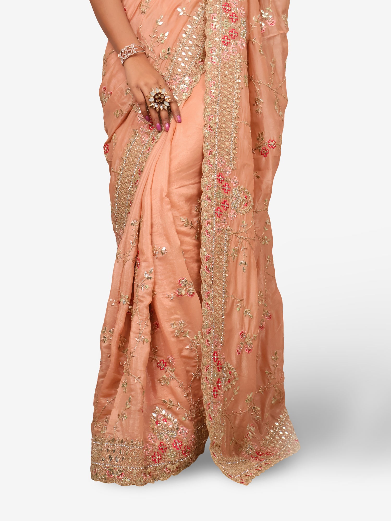 Designer Saree with Stone & Embroidery Work by Shreekama Peach Designer Sarees for Party Festival Wedding Occasion in Noida