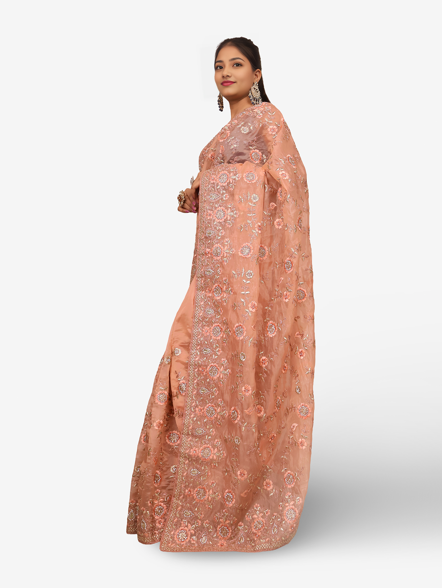 Designer Saree with Stone & Heavy Embroidery Work by Shreekama Peach Designer Sarees for Party Festival Wedding Occasion in Noida