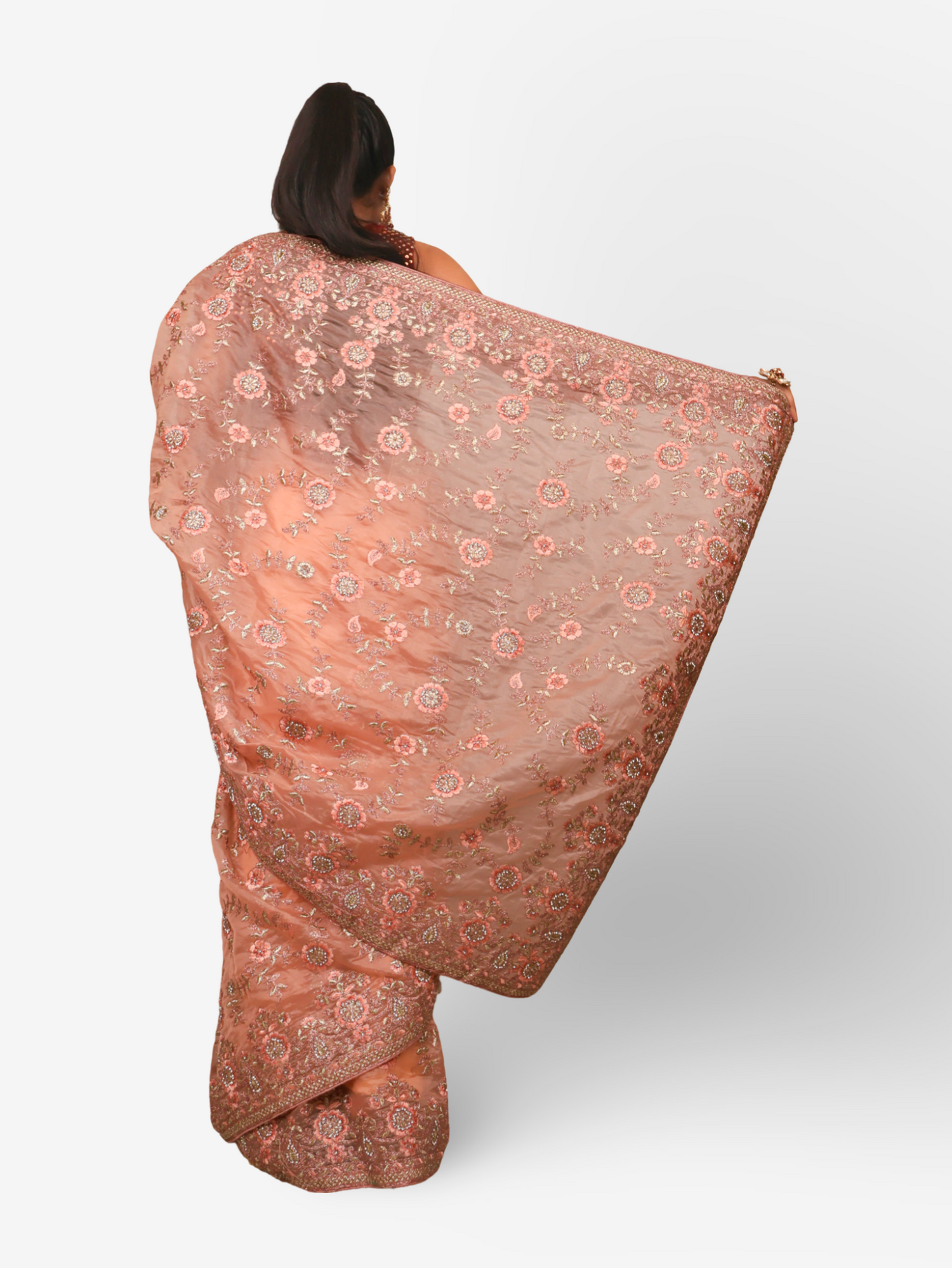 Designer Saree with Stone & Heavy Embroidery Work by Shreekama Peach Designer Sarees for Party Festival Wedding Occasion in Noida