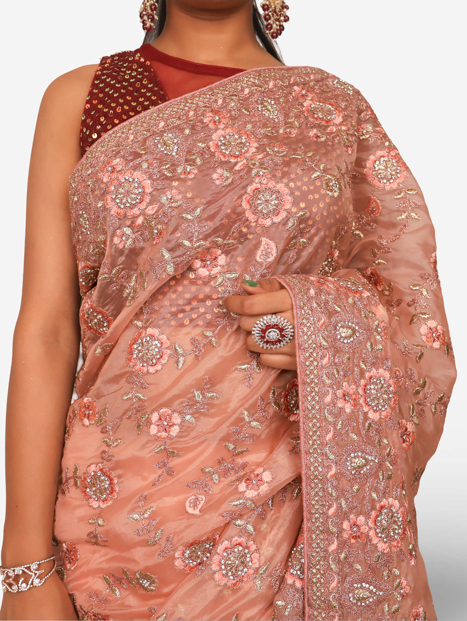 Designer Saree with Stone & Heavy Embroidery Work by Shreekama Peach Designer Sarees for Party Festival Wedding Occasion in Noida