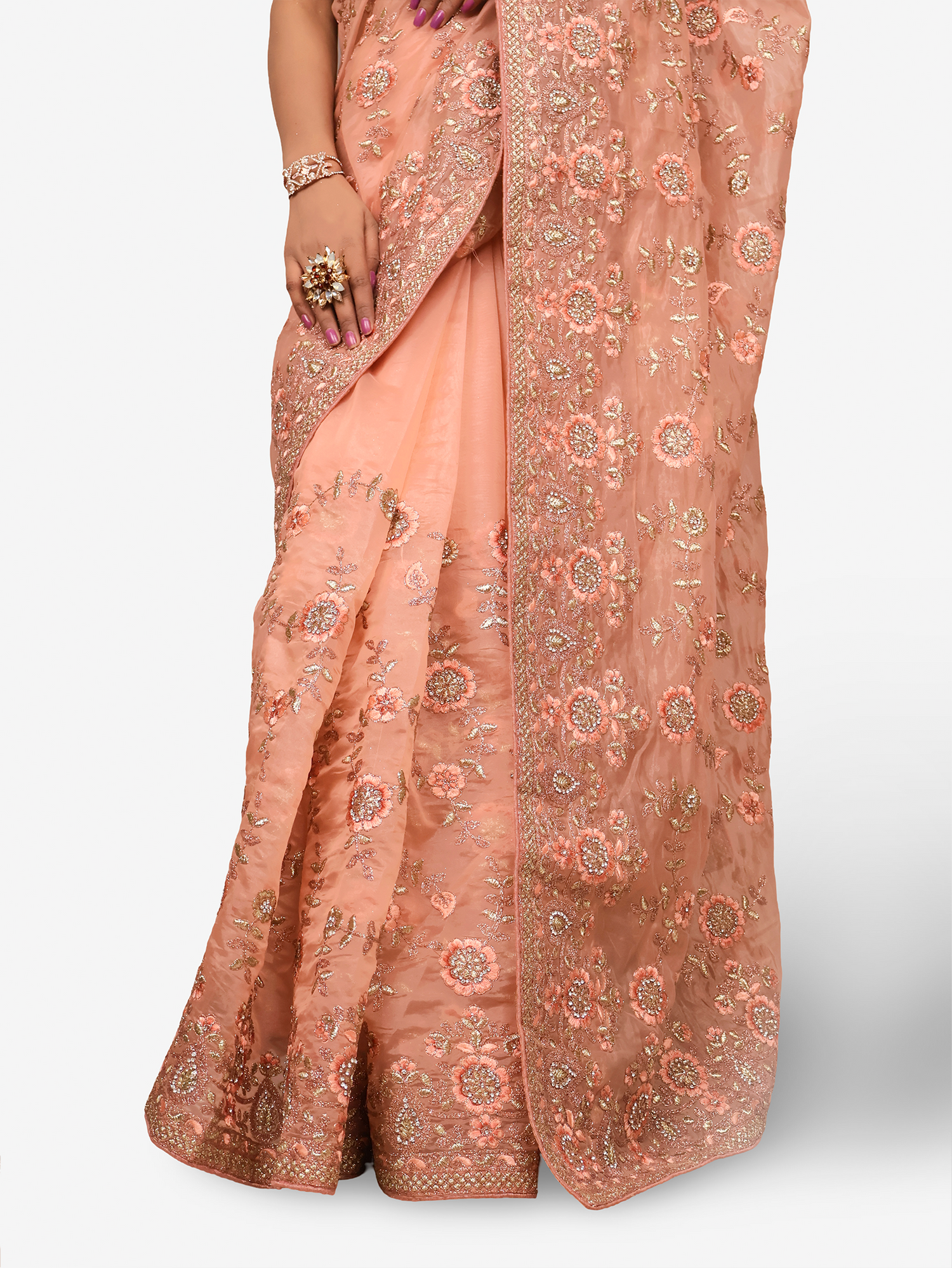 Designer Saree with Stone & Heavy Embroidery Work by Shreekama Peach Designer Sarees for Party Festival Wedding Occasion in Noida