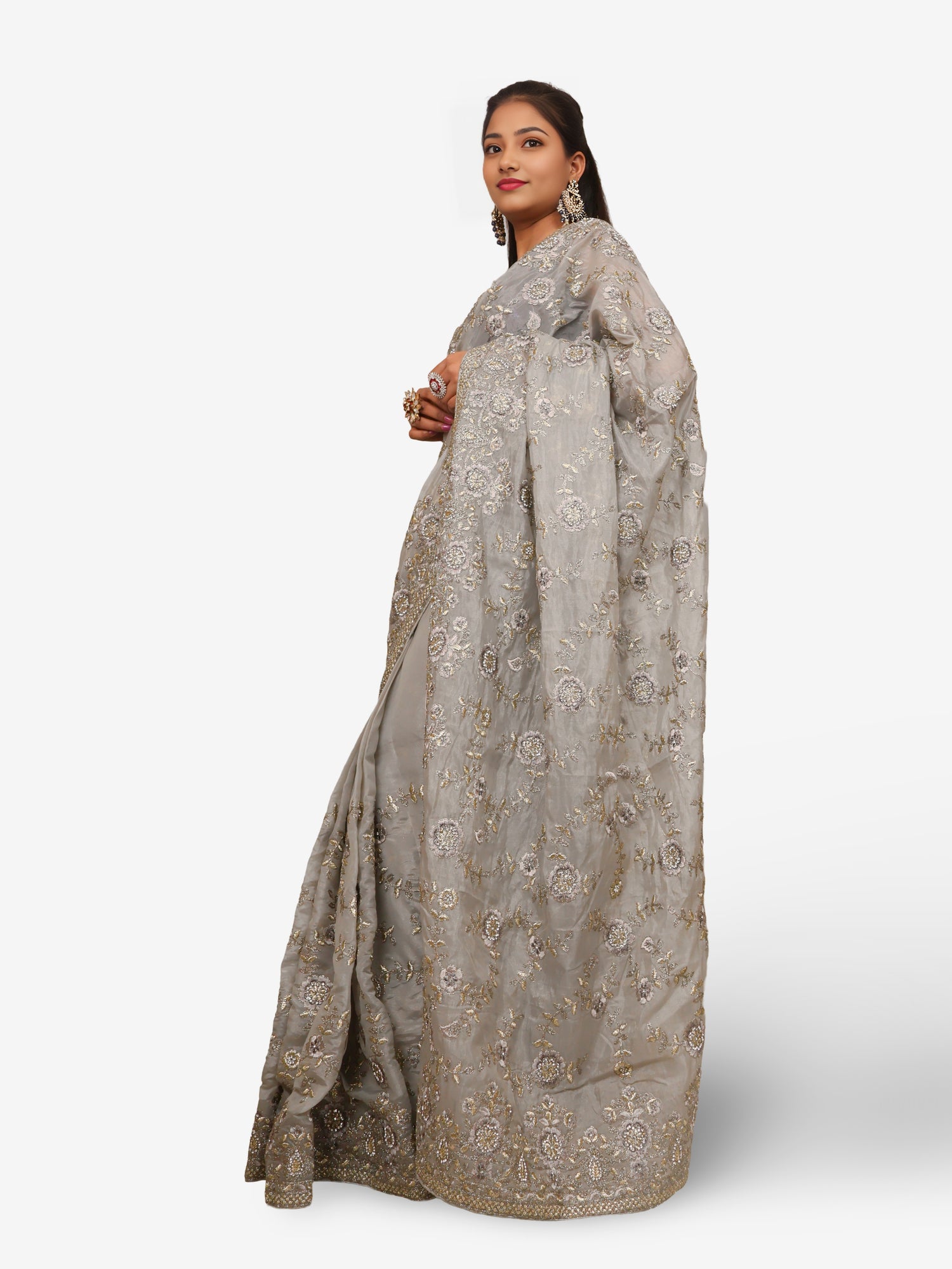 Designer Saree with Stone & Heavy Embroidery Work by Shreekama Grey Designer Sarees for Party Festival Wedding Occasion in Noida