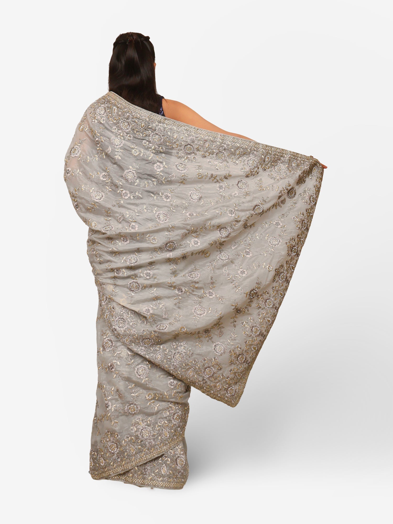 Designer Saree with Stone & Heavy Embroidery Work by Shreekama Grey Designer Sarees for Party Festival Wedding Occasion in Noida