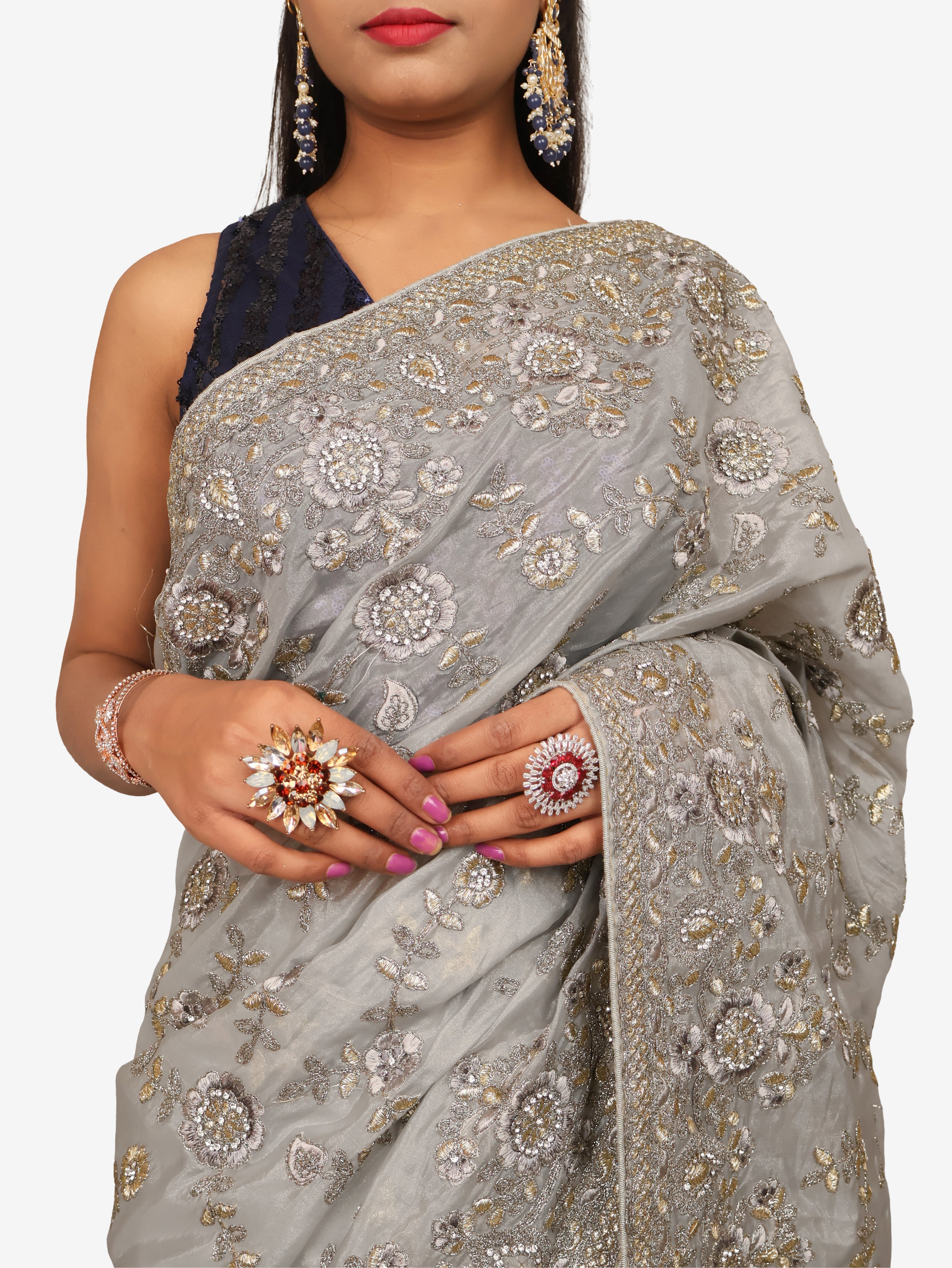 Designer Saree with Stone & Heavy Embroidery Work by Shreekama Grey Designer Sarees for Party Festival Wedding Occasion in Noida
