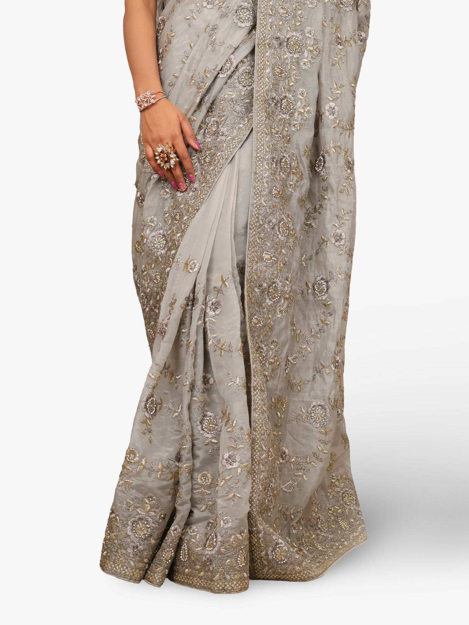 Designer Saree with Stone & Heavy Embroidery Work by Shreekama Grey Designer Sarees for Party Festival Wedding Occasion in Noida