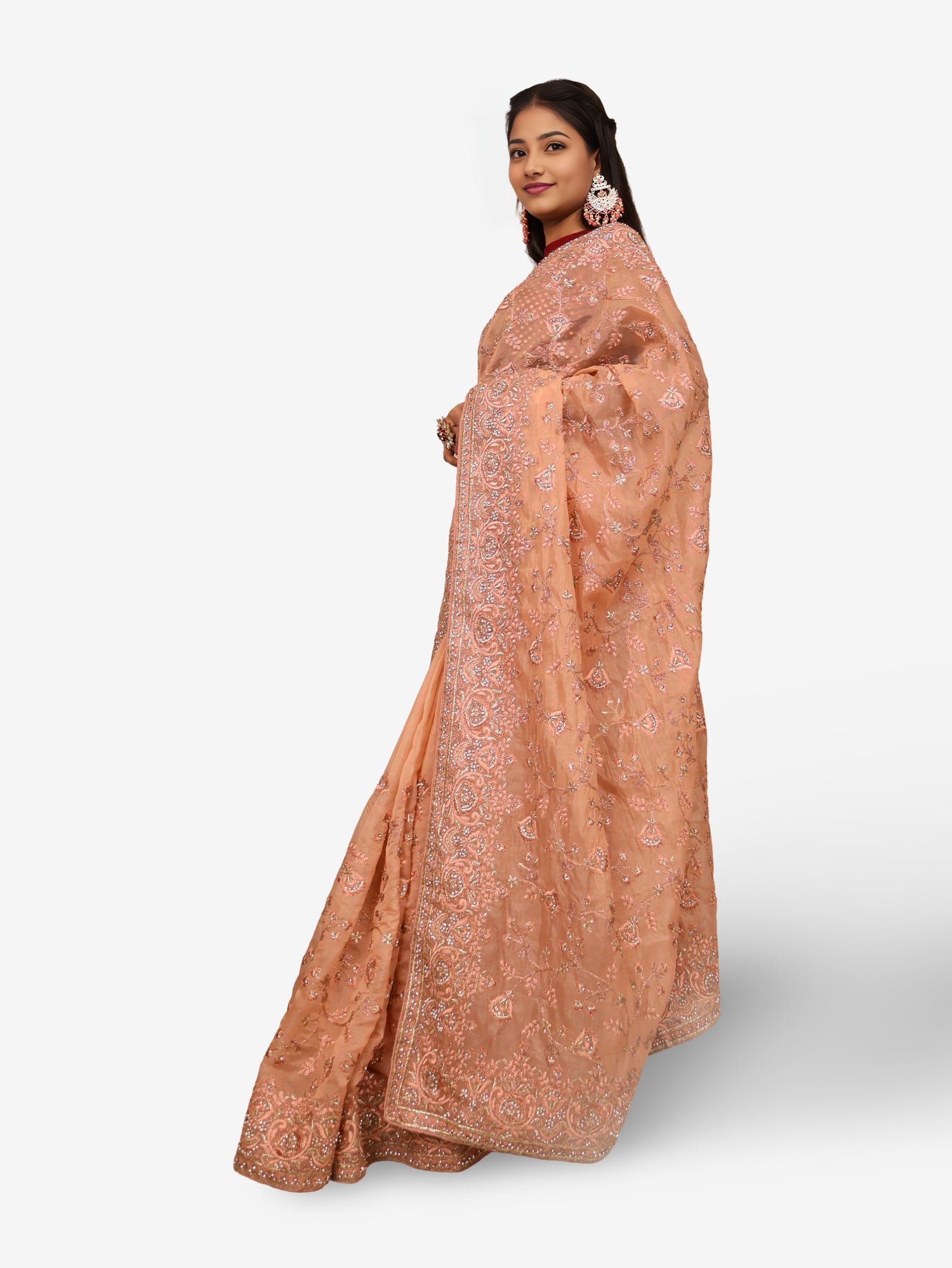 Designer Saree with Stone & Heavy Embroidery Work by Shreekama Peach Designer Sarees for Party Festival Wedding Occasion in Noida