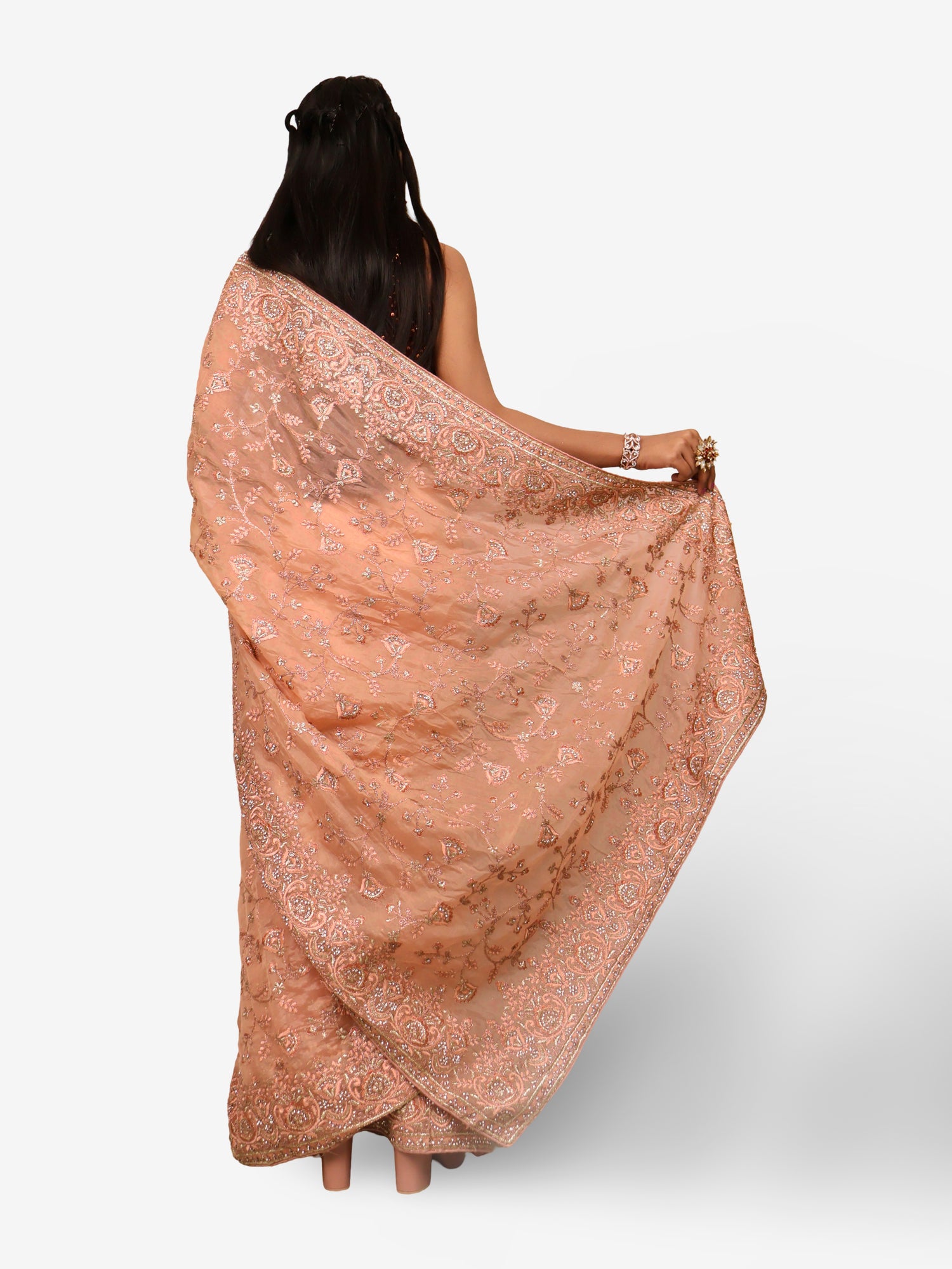 Designer Saree with Stone & Heavy Embroidery Work by Shreekama Peach Designer Sarees for Party Festival Wedding Occasion in Noida