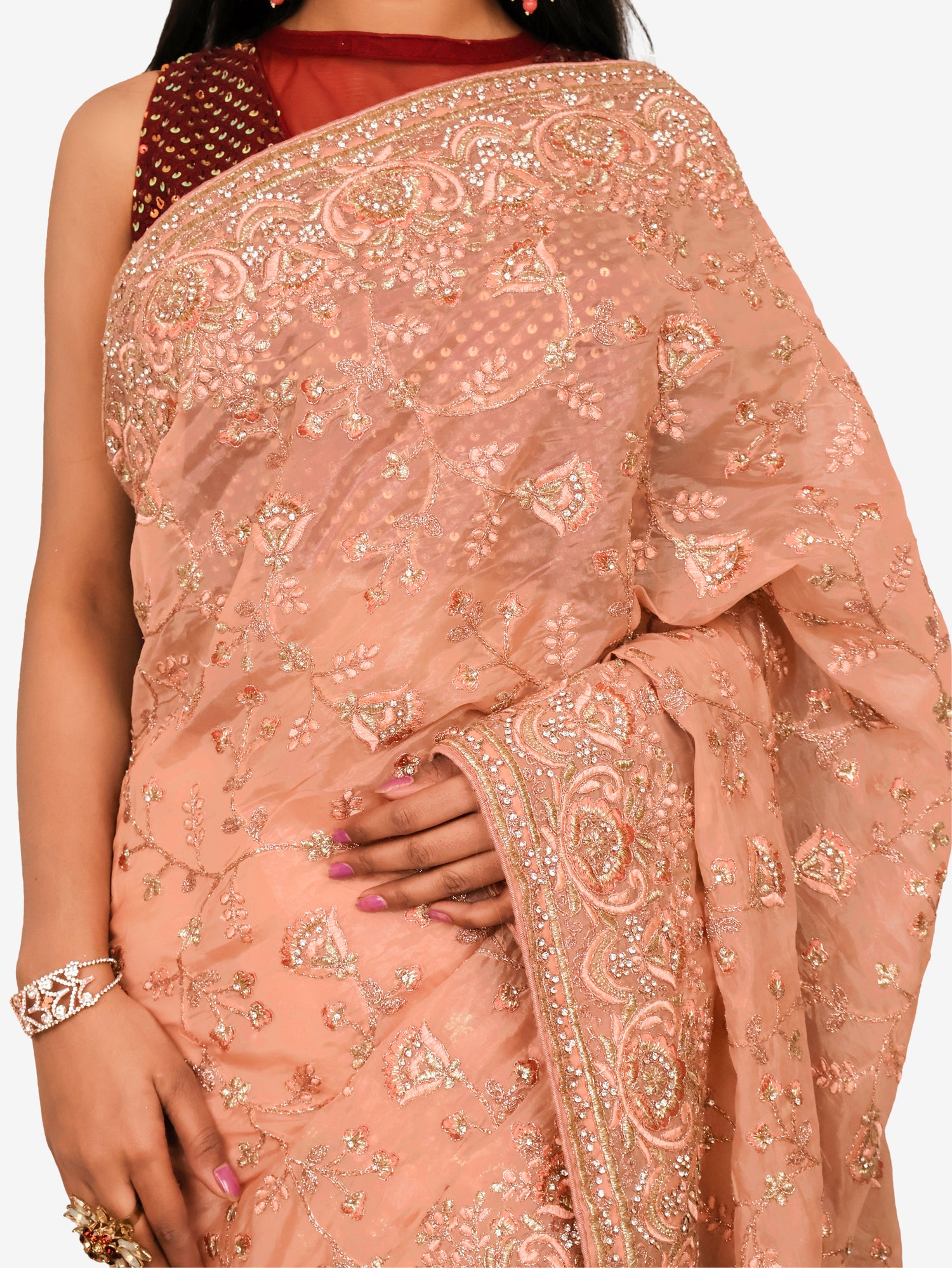 Designer Saree with Stone & Heavy Embroidery Work by Shreekama Peach Designer Sarees for Party Festival Wedding Occasion in Noida