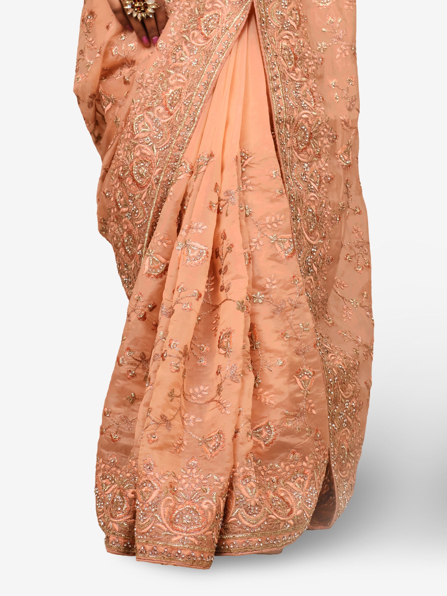 Designer Saree with Stone & Heavy Embroidery Work by Shreekama Peach Designer Sarees for Party Festival Wedding Occasion in Noida