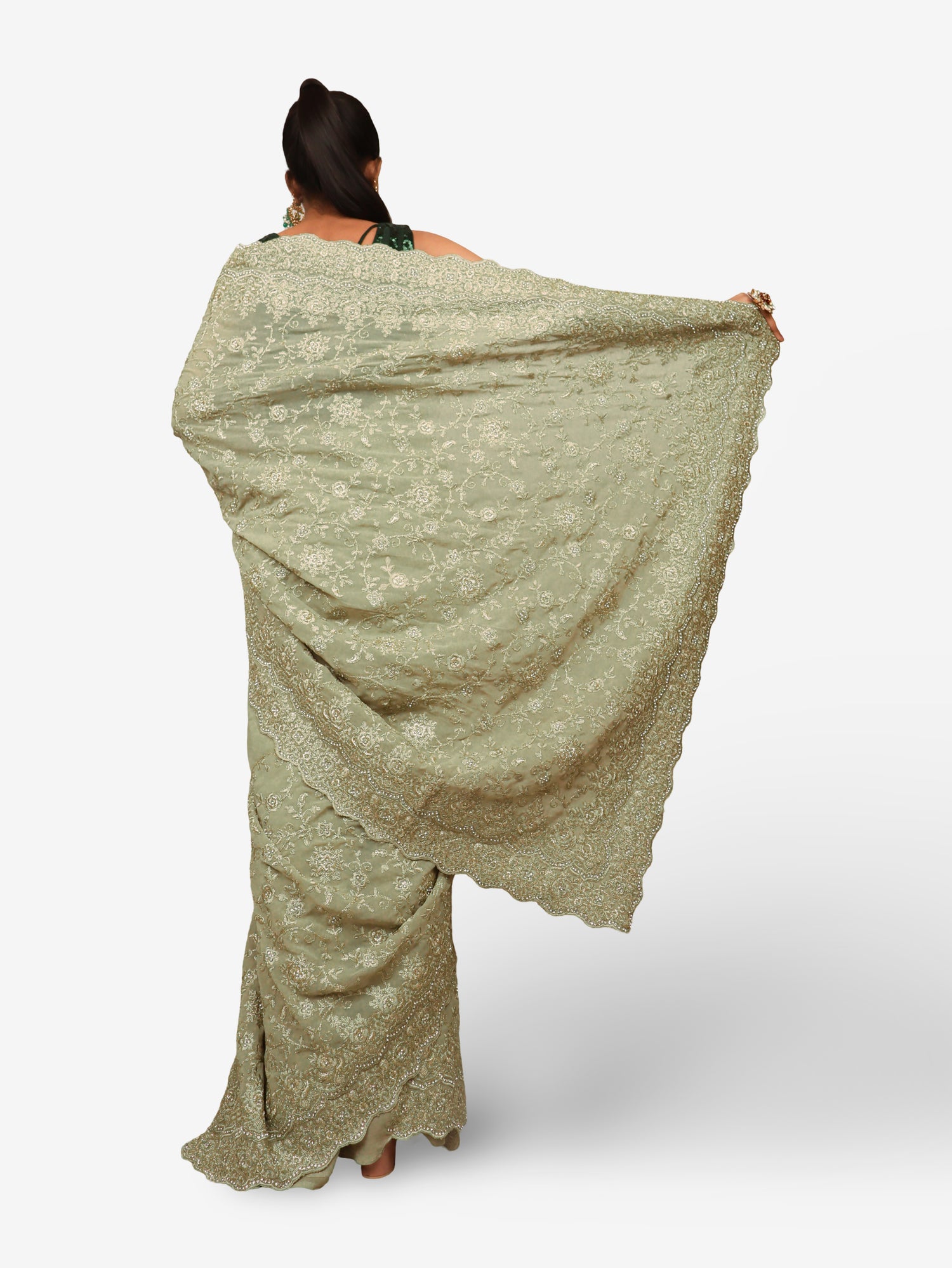 Designer Saree with Stone & Heavy Embroidery Work by Shreekama Mint Green Designer Sarees for Party Festival Wedding Occasion in Noida