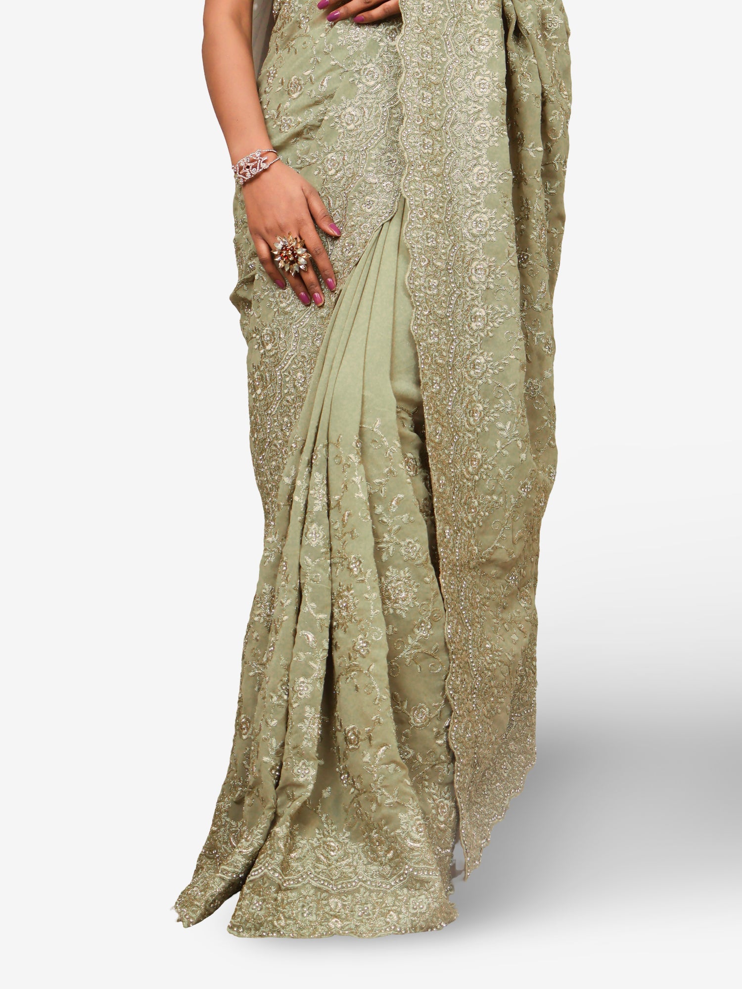 Designer Saree with Stone & Heavy Embroidery Work by Shreekama Mint Green Designer Sarees for Party Festival Wedding Occasion in Noida