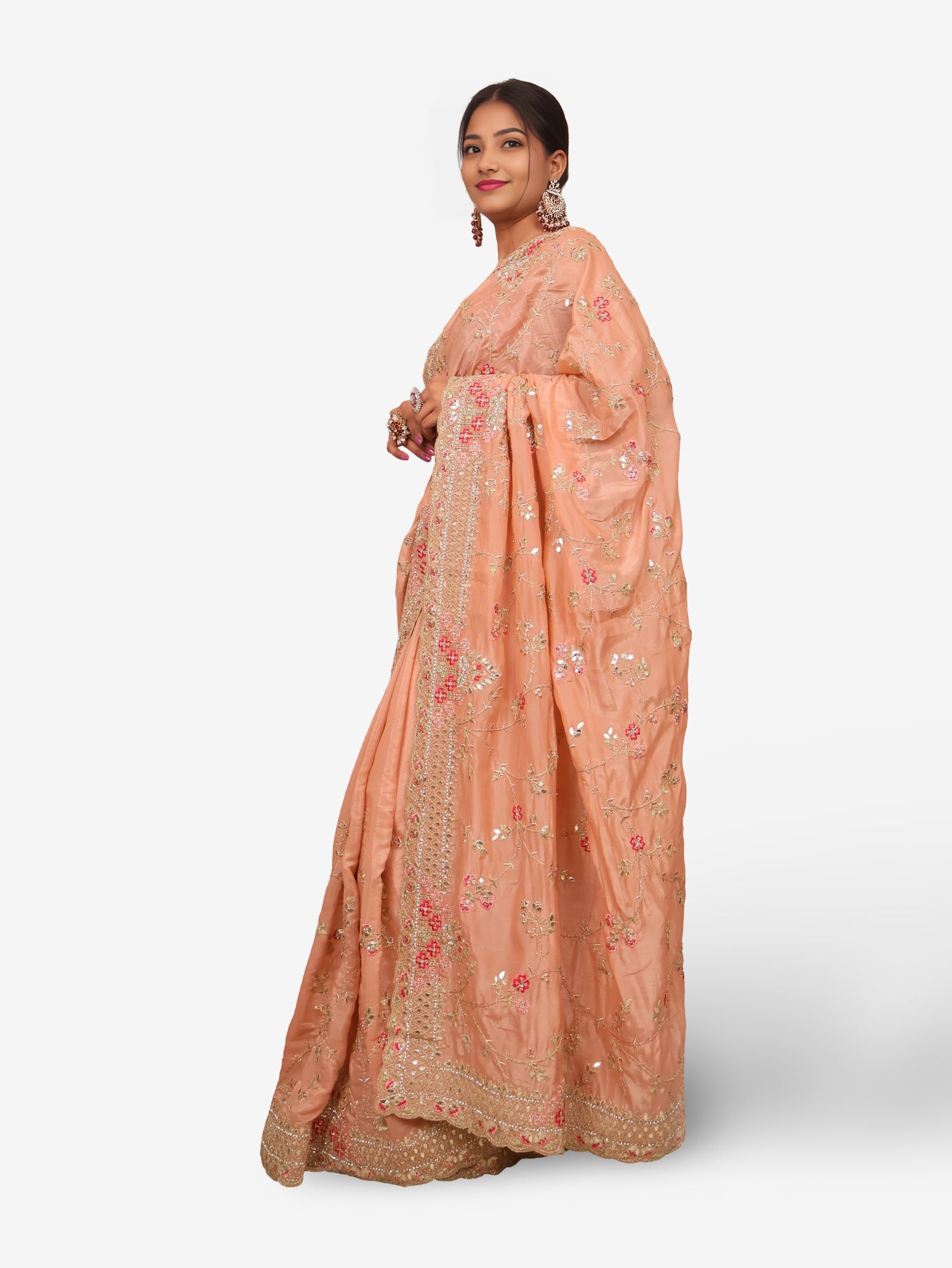 Designer Saree with Heavy Embroidery & Zari Thread Work by Shreekama Peach Designer Sarees for Party Festival Wedding Occasion in Noida