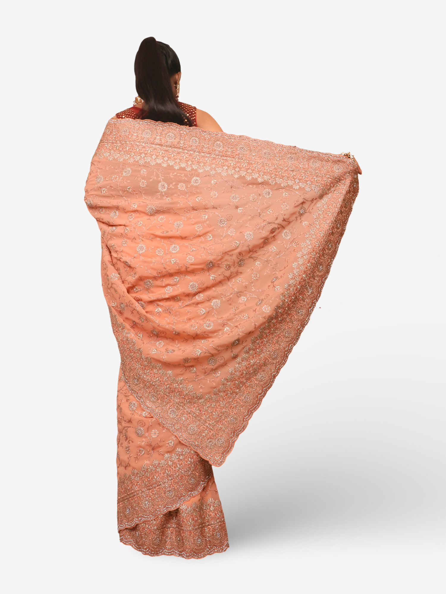 Designer Saree with Heavy Embroidery & Zari Thread Work by Shreekama Peach Designer Sarees for Party Festival Wedding Occasion in Noida