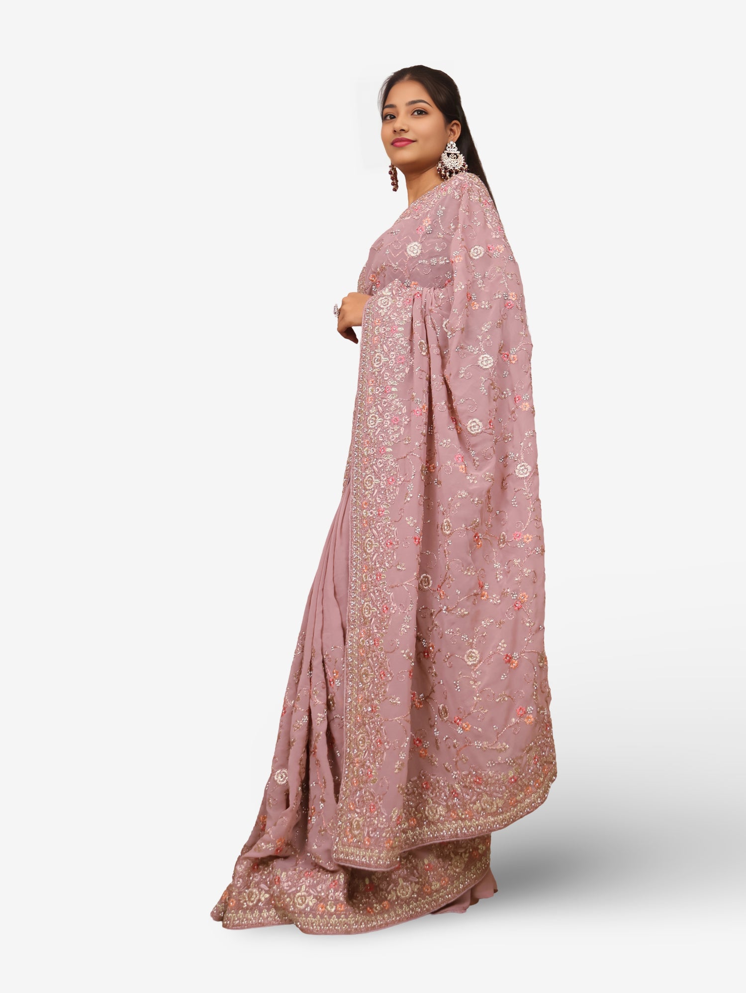 Designer Saree with Heavy Embroidery & Zari Thread Work by Shreekama Onion Designer Sarees for Party Festival Wedding Occasion in Noida